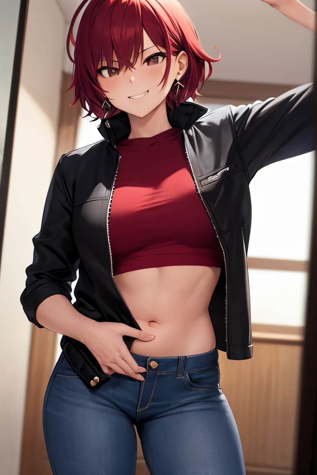 masterpiece, best quality, 1girl, solo, black stockings, red hair, big breastsbelly, closed eyes, short hair, groin, short shorts, big butt, wide hips, navel, smile, bandeau, sitting on the throne, red throne, legs spread, smooth skin, shiny, wet skin, sweat