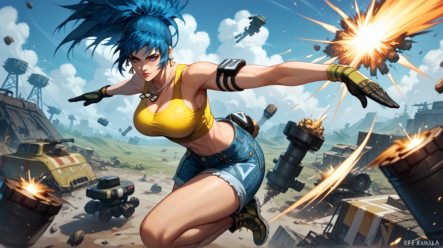 Sexy leona heidern,  Dark blue hair , triangle earrings, dog tags,  on a wasteland, pose sexy,  wearing tight yellow top, with denim shorts, jumping and attacking , vista desde abajo,  explosions everywhere, 