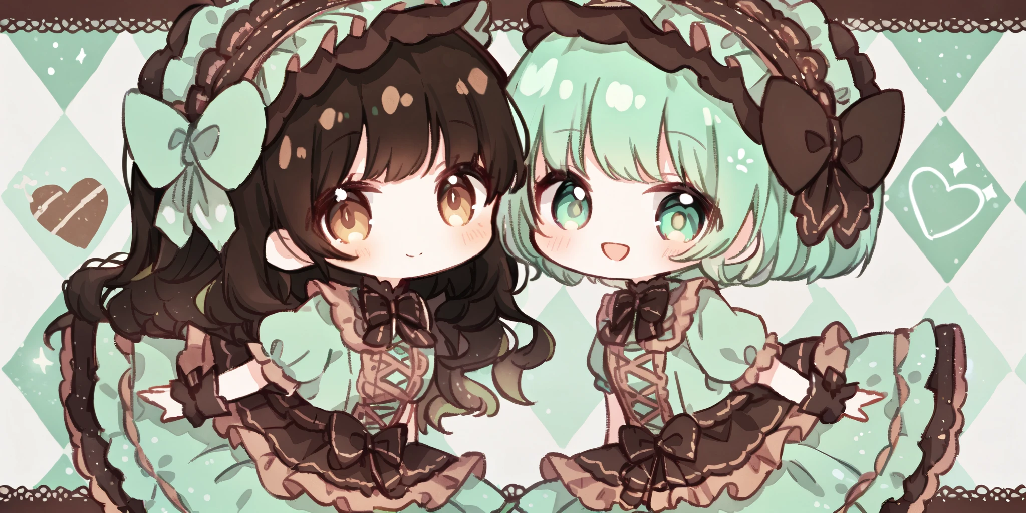 ultra-detailed illustration of 2girls in sweet ta dress, chibi, symmetrical twins, a brown wavy hair girl with golden eyes, a green short hair girl with aqua eyes, happy smile, upperbody, cute pose, brown and mint green tone, ribbons, laces, pop background, argyle patterned background, heart symbols, flat color, masterpiece, best quality, very aesthetic art, amazing quality, absurdres, perfect anatomy, light particles