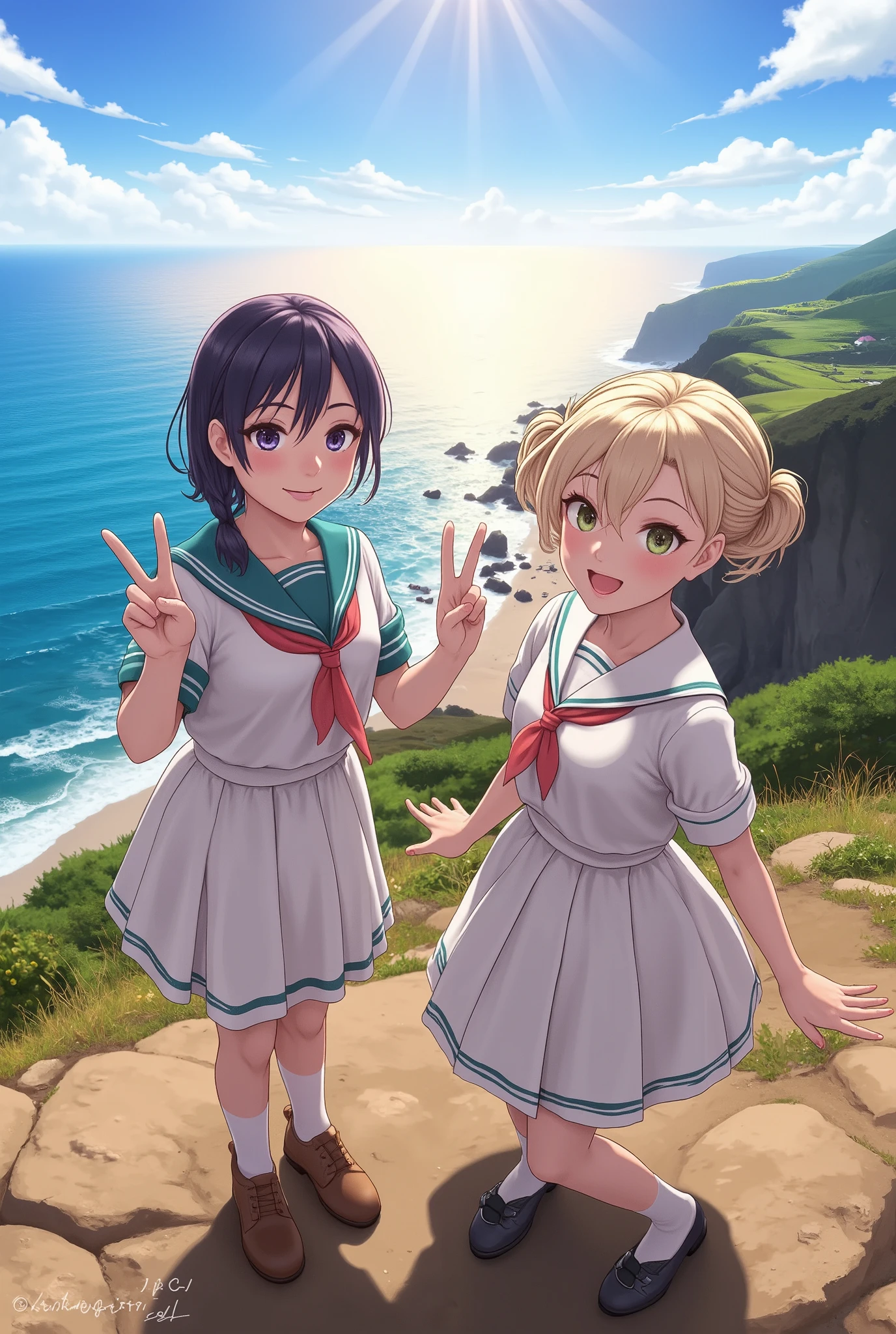  high image quality、masterpiece、 detailed background、Realistic、 RAW photos 、 sailor suit、 Braided Bob Cut 、 ponytail、Two girls sign peace signs against the backdrop of the coastline and seaside dyed in the morning sun、smile、 cute