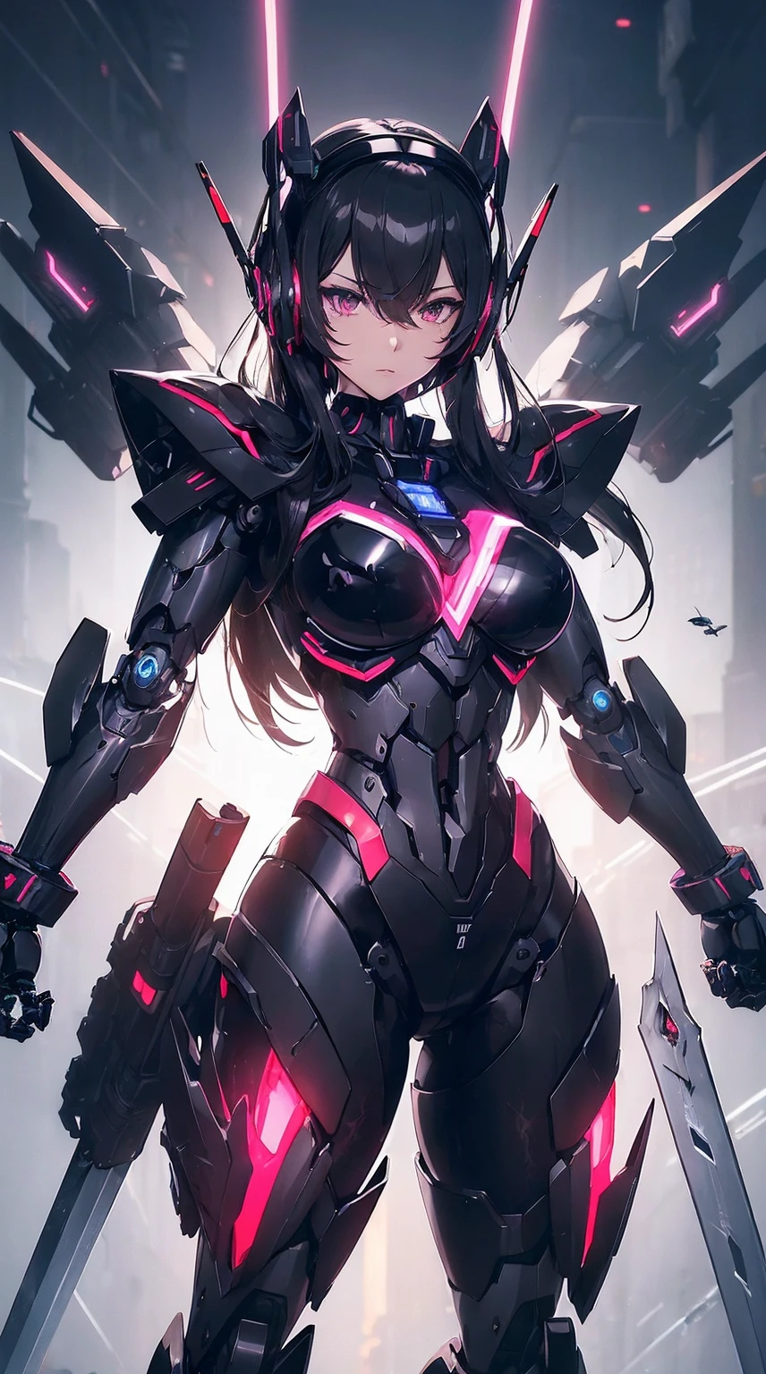 ((Shining lenses on both breasts:1.3))、((Pillars of red light radiate from both chests..:1.3))、((Attack pose:1.6))、((He has a red sword and a long rifle:1.6))、((Battle Scenes:1.8))、((8K)), ((32k)), ((Highest quality)), ((masterpiece)), ((超A high resolution)), ((Tmasterpiece)), ((Halation:1.4))、((Mechaニカルheadgear:1.2))、((Cyber headphones:1.3))Fine skin, High quality fabric, High-quality metal texture、((Beautiful and dense face))、RAW Photos、Professional, Ultra-fine painting, ((alone)), Beautiful breasts、Highest quality, Very detailed, Very detailed詳細, Finer details, so beautiful, ((Black Knight Robot:1.2)),  (Joint of the machine, Mechanical Limbs:1.3), (The internal structure of the machine is exposed:1.3), (Long black hair:1.1), (Beautiful and huge mechanical breasts)、White Veil, cowboy_shot, Side Focus, headgear, Shiny、(Five Fingers, Four fingers and thumb),Concept Art, Anime fantasy artwork, Detailed fantasy art, (Has light blue-purple hair and black wings,,,,,,), (((Long black hair))), (Mecha:1.6)、Sleek and intimidating design,  (Jet black perfect robot body)、Jet black and reddish purple arms, Symmetrical wings, 8K High Resolution, Detailed Art, 3D rendering of character art in 8K, neat legs, Defined, Defined fingers,((headshot:1.6))
