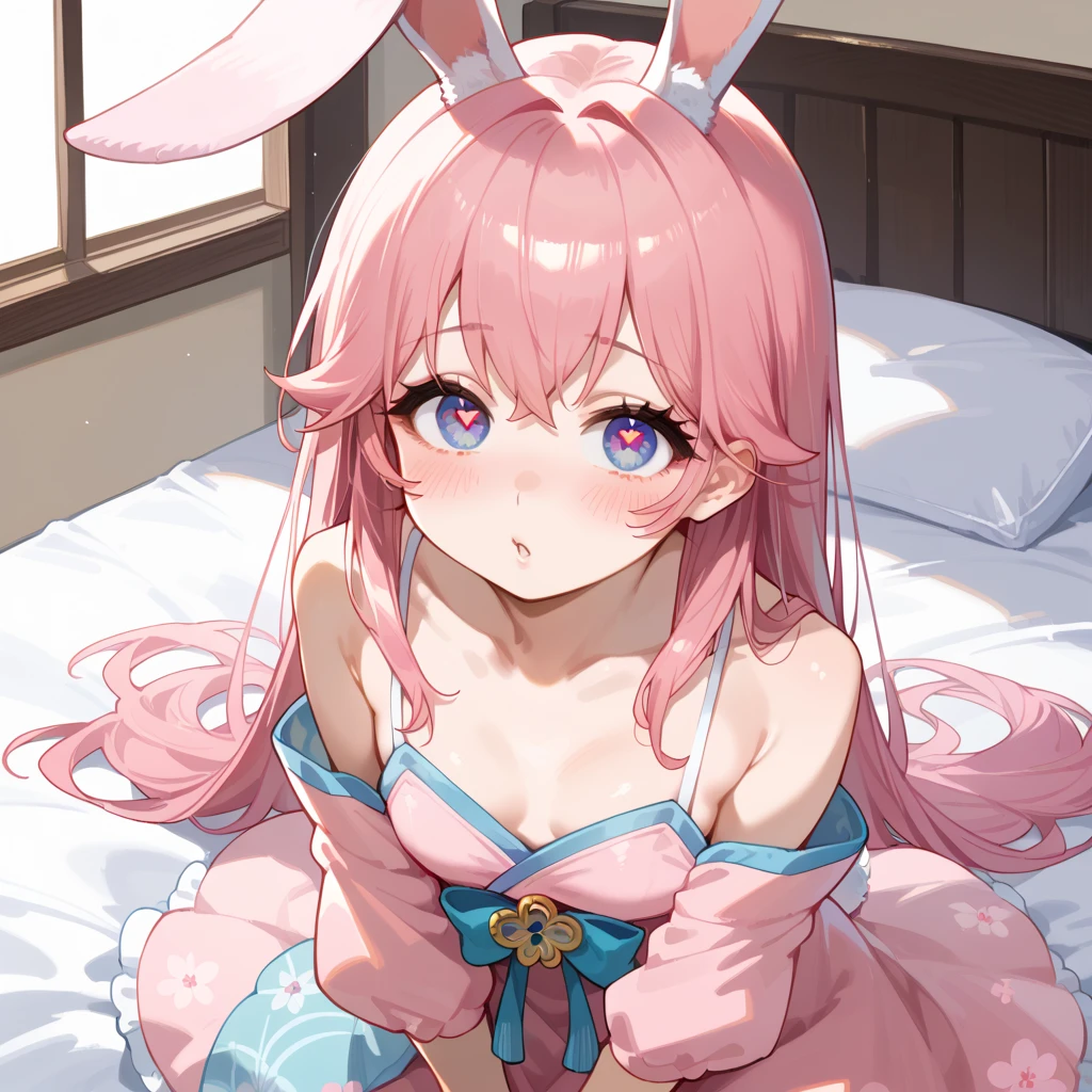 ((muste piece)), ((best quality)), (Super detailed), anime style etc.,peeing on the bed, pretty girl, 1 girl, solo, ((beautiful eyes)), shy smile,pajama00, ((open chest)), ((cute nipples))