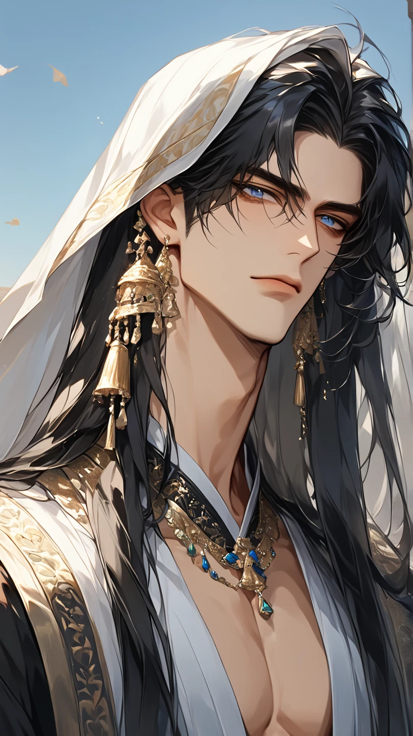 (score_9, score_8_up), long hair, masterpiece, best quality, 1 man , black-Silver hair , perfect face , blue eye , handsome male , Alone, adult male , delicate line drawingimpasto, masterpiece, high resolution, Top quality, unique , 1 male , nice , tanned skin , black haired, a sultan, Egypt, open clothes