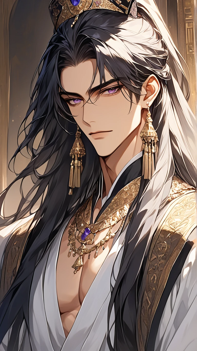 (score_9, score_8_up), long hair, masterpiece, best quality, 1 man , black-Silver hair , perfect face , purple eye , handsome male , Alone, adult male , delicate line drawingimpasto, masterpiece, high resolution, Top quality, unique , 1 male , nice , tanned skin , black haired, a sultan, Egypt, open clothes