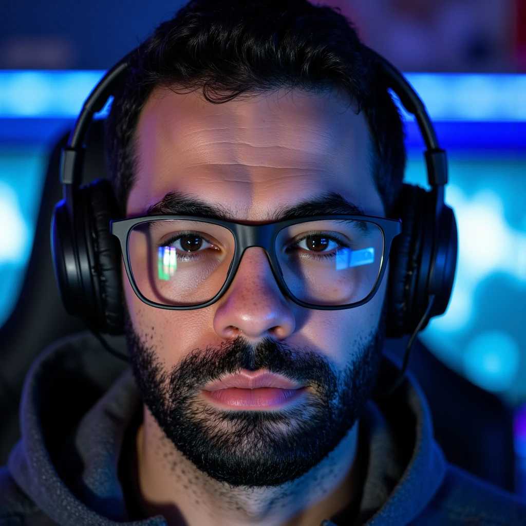 ((High-resolution gamer portrait:1.3)), **a handsome man with short hair and a well-groomed beard**, wearing sleek, modern **glasses** that reflect the glow of a computer screen. He is equipped with stylish **earphones**, blending comfort with high-tech design, and his confident expression radiates focus and intensity.  

The composition highlights his upper body, with sharp focus on the fine details of his face—skin texture, beard lines, and the glint in his eyes. Subtle lighting emphasizes his sharp jawline and frames his glasses, adding a cinematic effect.  

The background is a soft blur of a gaming setup, featuring faint neon tones of blue and purple, complementing his professional and stylish demeanor. **(modern gamer aesthetic, sharp details, cinematic lighting, photorealistic quality)**.  