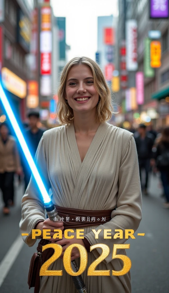 message word , Italic letter  "Happy New Peace Year 2025 " written  golden  decoration letters at the Bottom the screen   Front pose, standing pose,  right hand on hip, Front view, cowboy shot, Actu Melanie,  middle hair, golden hair, smile,  Star wars Rey Skywalker costume, both hands hold blue Lightsaber, background street  of Tokyo , in Japan,  (super detail, high details, high quality, accurate, anatomically correct, textured skin, beautiful fingers super detail, high details, high quality, best quality)