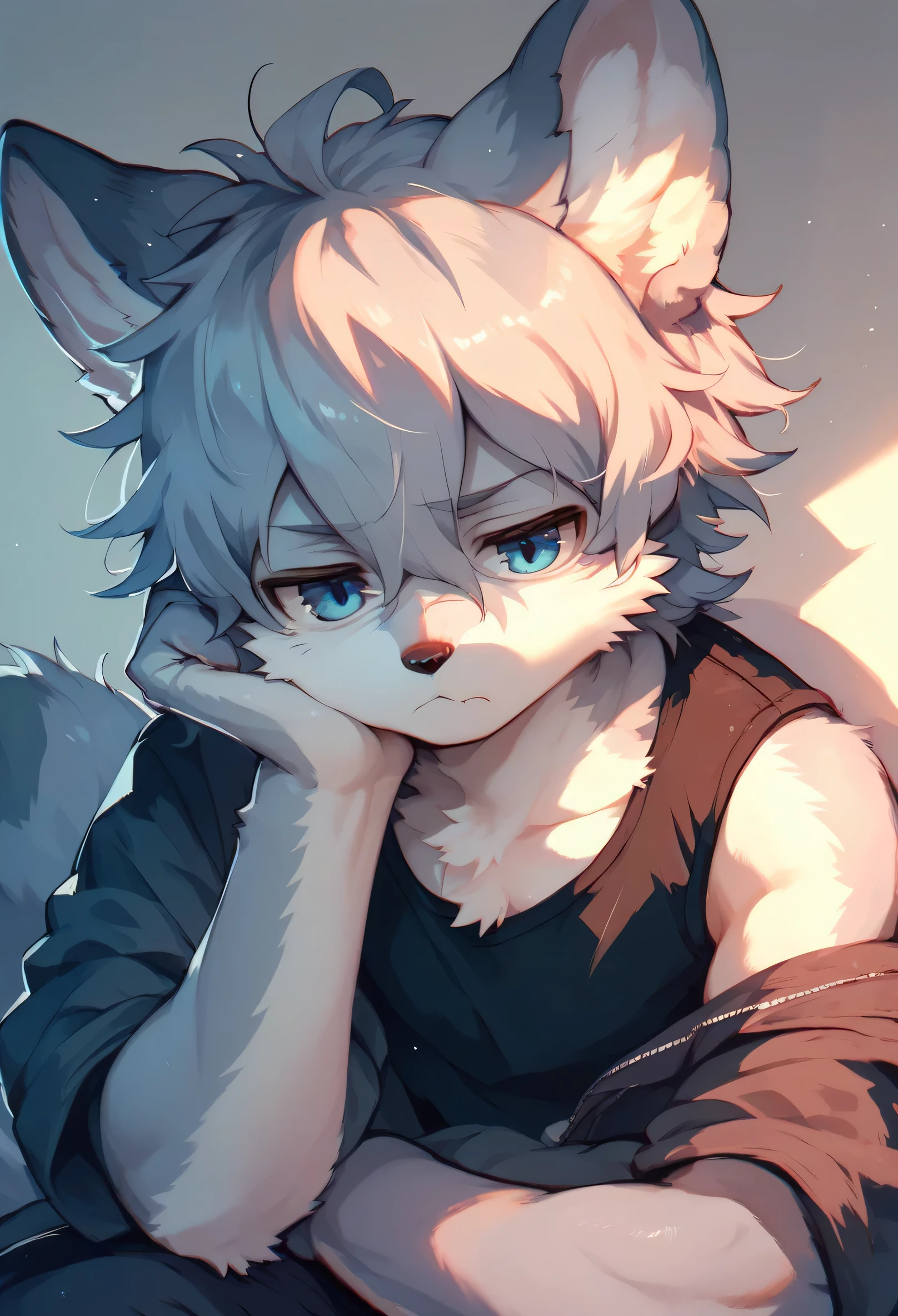 Kemono male silver fox, messy hair, slightly bored and tired, blue eyes,