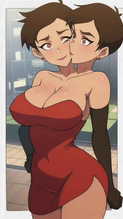 masterpiece, best quality, two-headed mawsLoisLane, 1girl, solo, black hair, short hair, brown hair, upper body, (red dress), (two heads, conjoined_dicephalus), (strapless dress, elbow gloves, red lips, makeup, cleavage, bare back), (detailed landscape, bar:1.2), (background), (dynamic_angle:1.2), (dynamic_pose:1.2), (rule of third_composition:1.3), (cheeks rubbing together), (kissing:1.3)
smile,closed mouth,cowboy shot,earrings, sunlight, 