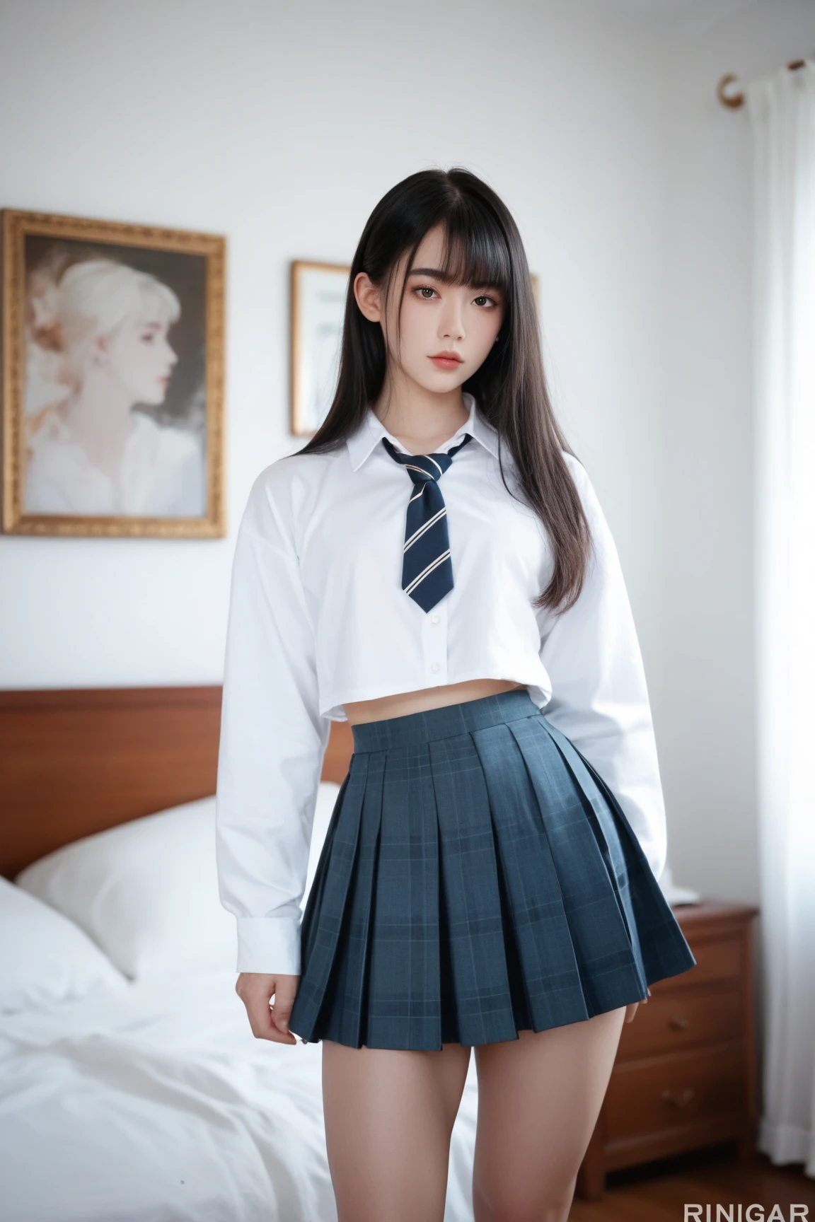  femboy,  1 boy, Male physique,　Male,   tall , 185cm,  facing the front, is standing,curvilinear, skirt , Beautiful Faces ,Rin々 with dark eyes, Long black hair,Has bangs, white room in the center ,  wide hips, high school girl uniform 