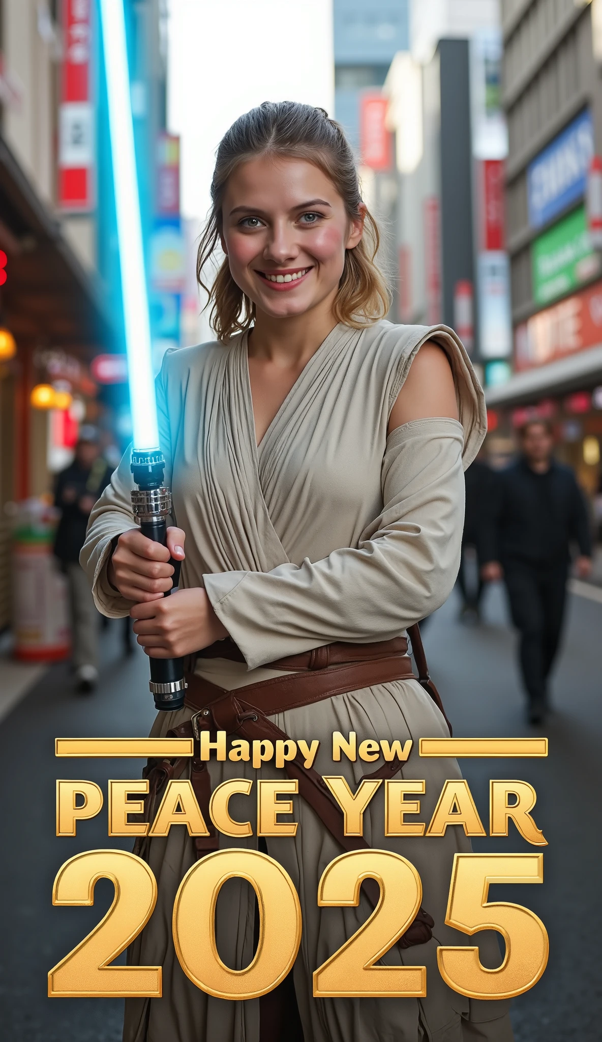 message word , Italic letter  "Happy New Peace Year 2025 " written  golden  decoration letters at the Bottom the screen   Front pose, standing pose,  right hand on hip, Front view, cowboy shot, Actu Melanie,  middle hair, golden hair, smile,  Star wars Rey Skywalker costume, both hands hold blue Lightsaber, background street  of Tokyo , in Japan,  (super detail, high details, high quality, accurate, anatomically correct, textured skin, beautiful fingers super detail, high details, high quality, best quality)