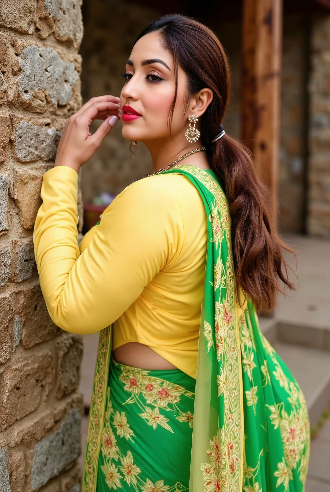 The photograph captures a woman in a traditional Indian outfit, leaning back against what appears to be an outdoor setting, possibly a courtyard or a traditional Indian structure, with stone walls and a wooden pillar in the background. The woman is of South Asian descent, with a fair skin tone and a voluptuous figure, particularly emphasized by her large breasts, which are prominently displayed in a bright yellow blouse with a plunging neckline.
She is wearing a green saree with floral patterns and yellow borders, draped over her right shoulder. Her saree's pallu (the loose end of the saree) has intricate embroidery and a gold trim, hanging loosely. She has adorned herself with gold jewelry, including a nose ring, bangles, and a necklace. Her long, dark hair is styled in a single braid, draped over her shoulder.
She wears vibrant red lipstick, and her eyes are closed, with a serene, relaxed expression, suggesting she is lost in thought or perhaps posing for the camera. Her left hand touches her forehead gently. The background shows a mix of stone and wood, suggesting an outdoor setting, possibly in a rural or traditional Indian environment. The overall color palette is vibrant, dominated by greens, yellows, and reds, evoking a festive, cultural atmosphere.