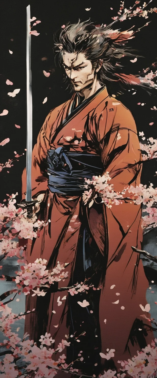 score_9, score_8_ up, score_7_ up, Man Wearing Black Jinpei ,  Mysterious light falls on 、 Samurai Pulling Out a Sword in Front of His Face {x},   Black Jinbei Flying Around  ,  Serious Face ,  dark eyes,  dark background ,   Man Holding Cherry Blossom Petals  ,  more info, Epic Pictures , Spectacular Scene, Dramatic lighting, High budget, Bokeh, cinemascope, Sulky, amazing, nice,  film grain, Rough, masterpiece,  top quality , Yoji Shinkawa