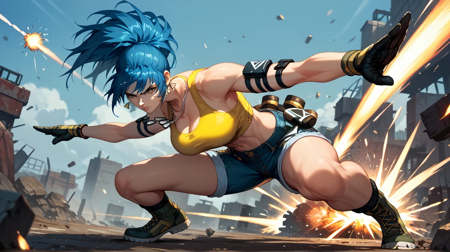 Sexy leona heidern,  Dark blue hair , triangle earrings, dog tags,  on a wasteland,  action pose,  wearing tight yellow top, with denim shorts, standing, crouching,  explosions everywhere, 