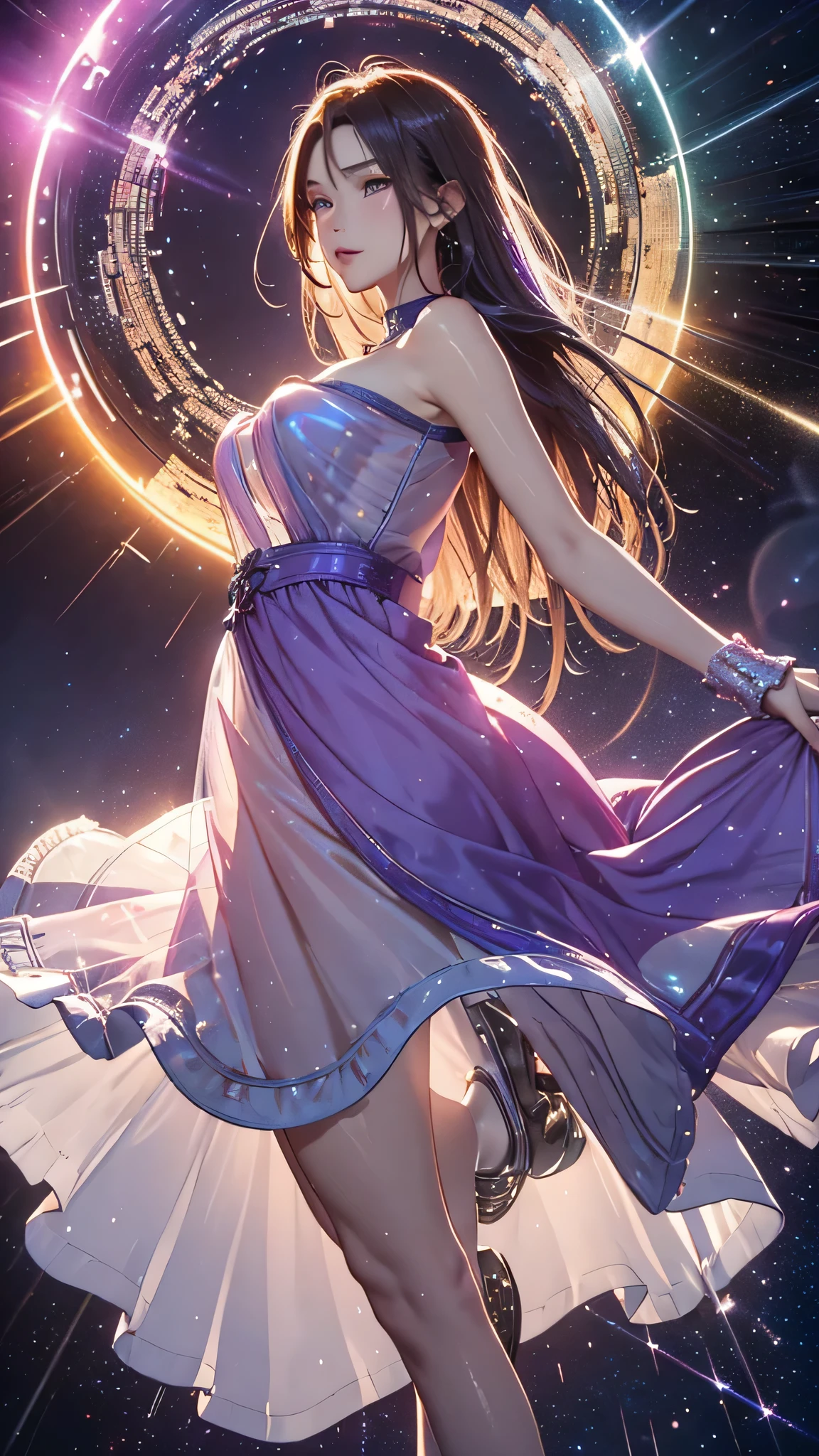 (8k, RAW photos , very detailed,masterpiece, top quality ),Wide range of colors, High Contrast ,Still Photography, Next to、 full shot body photo of the most beautiful artwork in the world,Cinematic Light,fantasy, high res,( detailed face ),
XUER Silk Road Shine dress,Bare shoulders,strapless dress,(Shine Transparent dress:1.4),( detailed clothing description ), jewelry, Bracelet ,Shine, Neck lace,(reflection:1.3),(Milky skin:1.2),( Shiny Skin:1.4),
XUER Silk Road Shine dress, 1 girl,alone, long hair,chest,Brown Hair, dress, is standing, closed eyes ,Outdoor,null,cloud, see through ,red dress,cloudy null,Wind,scenery,sunset,long dress, Red theme , orange theme ,
( jumping ,midair:1.5),Gray Hair, Beautiful Girl Petal Skirt ,A long dress hem resembling smoke,Petal pattern, Golden Hour Warm , Light Long Skirt Flows Like Fire ,Shine light,ethereal cloud animals with shimmering outlines,vast null with swirling galaxies,The colors of the universe ( Purple , Blues, pink),Dramatic lighting, a mystical atmosphere , super real , High Dynamic Range,3d . ( embedding:cosmos:1.2),Floating Cloth, can be seen through,( transparent galaxy ),from behind,(( Neck )),(return:1.4),(looking return),dhalter dress , silver hair,returnless dress,
long hair in the Wind, Advanced Sensibility ,fashion,Still Life Photography,Loop Video,Fascinating Movement, captivating visuals , seamless blend , stories that attract , bolticism ,Square, Dynamic Movement ,Bold Geometry, fragmented shapes ,Striking contrasts, influences of modernism ,nature, History,modern Art, amazing on the beach,unreal returnground,art ( Alessio Albi :1.1), soft lighting ,Happy emotions,( close, focus on face ),( fractal art ) very detailed, Most Beautiful Chaotic Shapes , Elegant ,a brutalist designed鮮やかな色,Romanticism, details in the dark ,