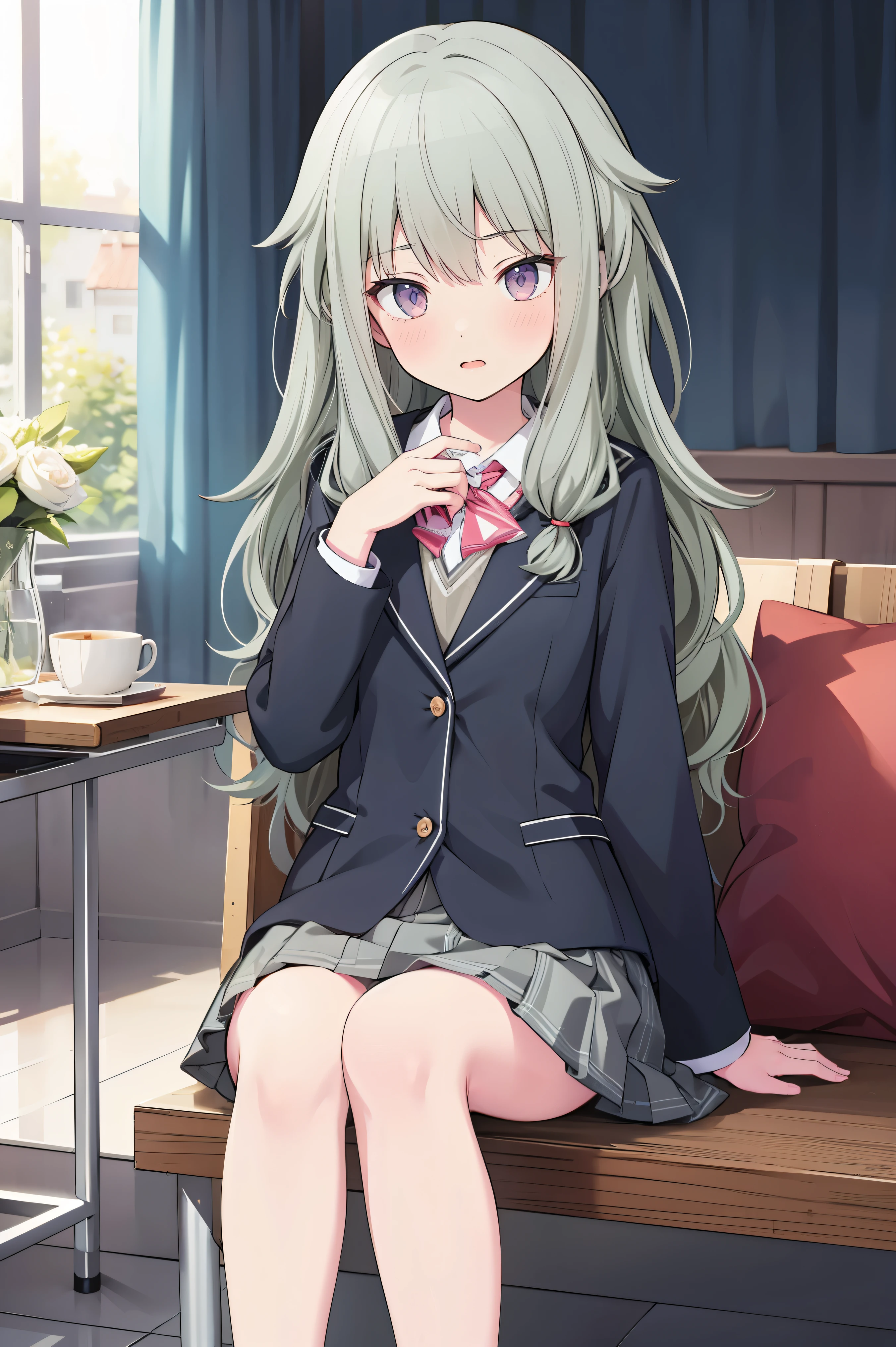 (8k, 最high quality)、Ultra-high resolution、Adorable、最high quality, beautiful,、school uniform、blazer、high quality、Shiny Hair、very fine and beautiful, bright eyes、Medium chest、nose blush、(Anatomically correct), medium on a white shirt, whole body, 超 high definition 、( top quality ), ( Masterpiece ), 1080P, high definition , 4K, 8k, Thighs,