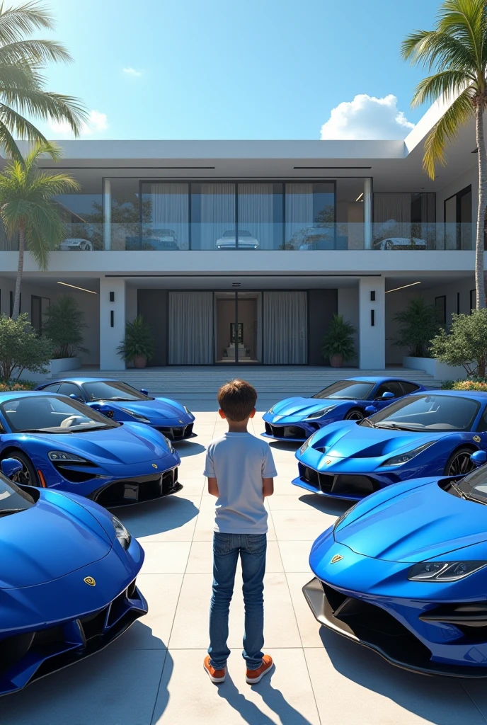 An image of a boy taking photos with his shadow as if he were a girl surrounded by exotic cars implying that he wants to be trans with a toenasol background