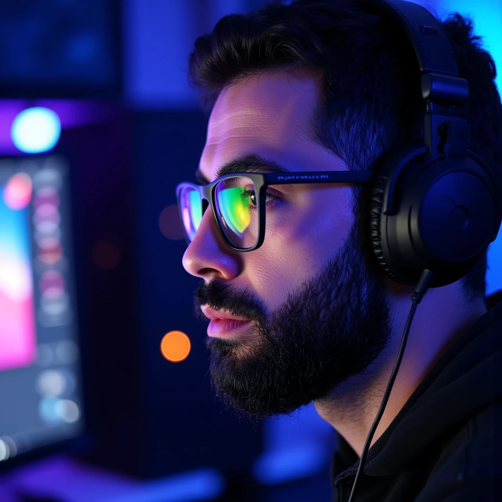 ((High-resolution gamer portrait:1.3)), **a handsome man with short hair and a well-groomed beard**, wearing sleek, modern **glasses** that reflect the glow of a computer screen. He is equipped with stylish **earphones**, blending comfort with high-tech design, and his expression shows a deep, focused concentration as he intently stares at the screen.  

The composition captures a **side profile view**, emphasizing the contours of his face and the precise details of his beard and hair. The subtle glow of the computer screen highlights his glasses and casts a faint, dramatic light on his cheekbone and jawline.  

The background remains softly blurred, showcasing a gaming setup with hints of **neon blue and purple tones**, further enhancing the atmosphere. **(modern gamer aesthetic, side profile view, intense focus, cinematic lighting, photorealistic quality)**.  