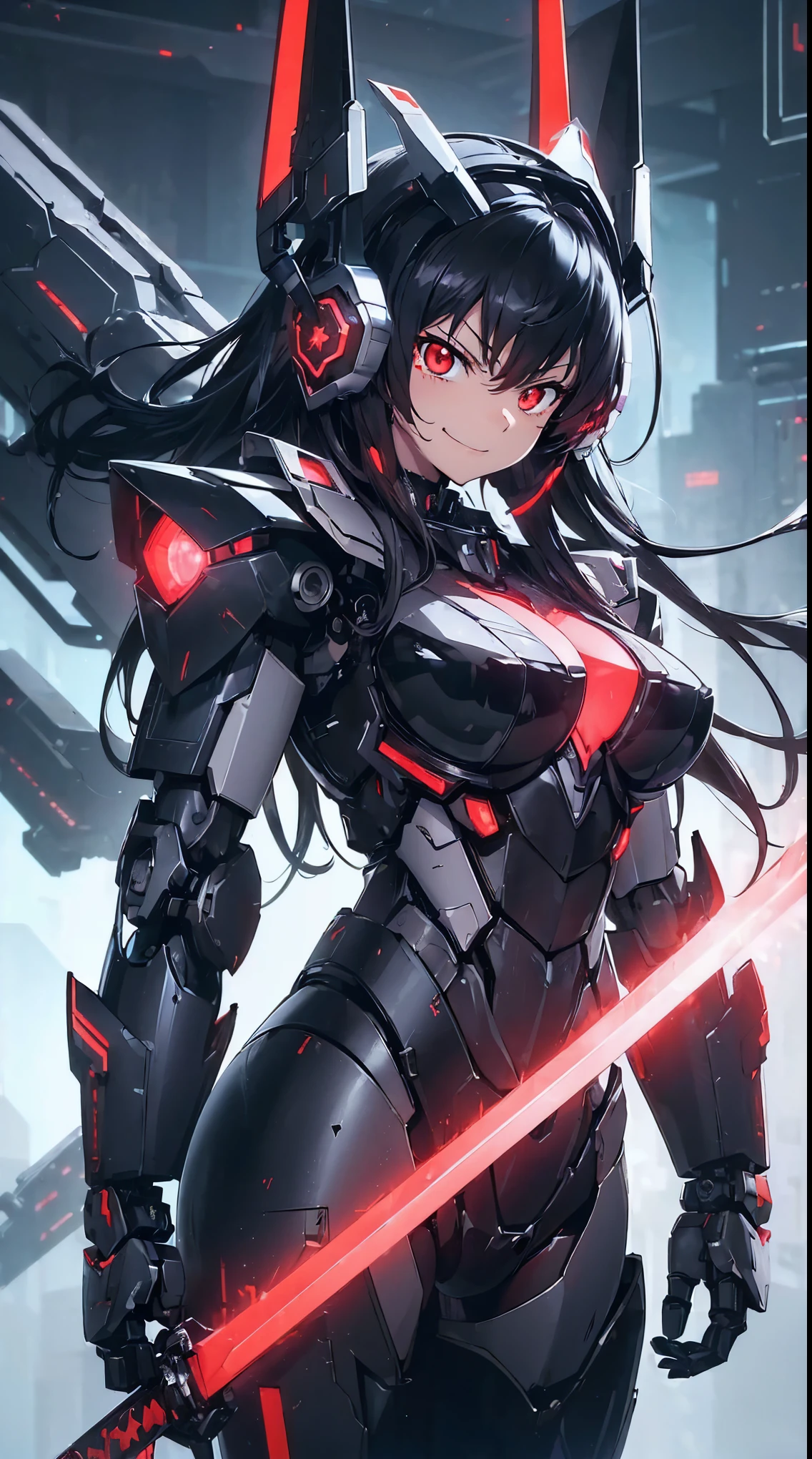 Machine eyes glowing red、evil smile