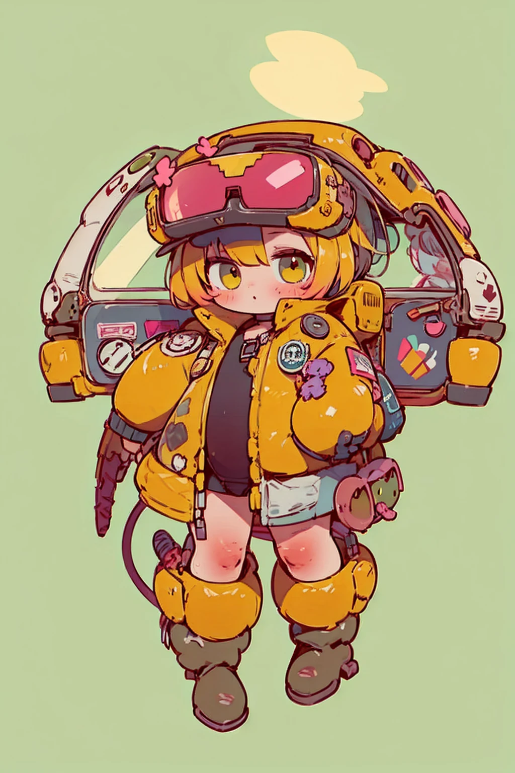     full body portrait  , (   super detailed  ,   Super high resolution ,    detailed background ),((2D)),((   flat color)),((achromatic   )),   one girl ,,    viewers,    loose red flight suit   ,   Wear a large sheepskin bomber jacket, (  big yellow boots   ),  Plush color   ,     full body portrait  ,  Wear VR goggles , ((   Baron Desert Intracat background   )), ((Doomsday City)),   Expressing the whole body , ((   drone next to her   )),  Pop Art Style ,  exoskeleton like a turtle, plastican00d