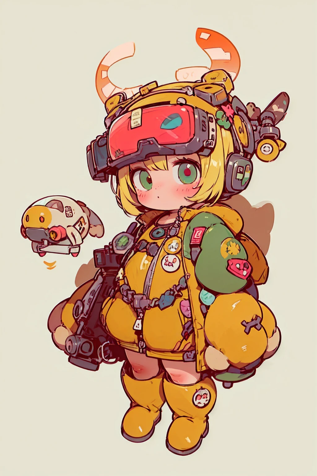     full body portrait  , (   super detailed  ,   Super high resolution ,    detailed background ),((2D)),((   flat color)),((achromatic   )),   one girl ,,    viewers,    loose red flight suit   ,   Wear a large sheepskin bomber jacket, (  big yellow boots   ),  Plush color   ,     full body portrait  ,  Wear VR goggles , ((   Baron Desert Intracat background   )), ((Doomsday City)),   Expressing the whole body , ((   drone next to her   )),  Pop Art Style ,  exoskeleton like a turtle, plastican00d