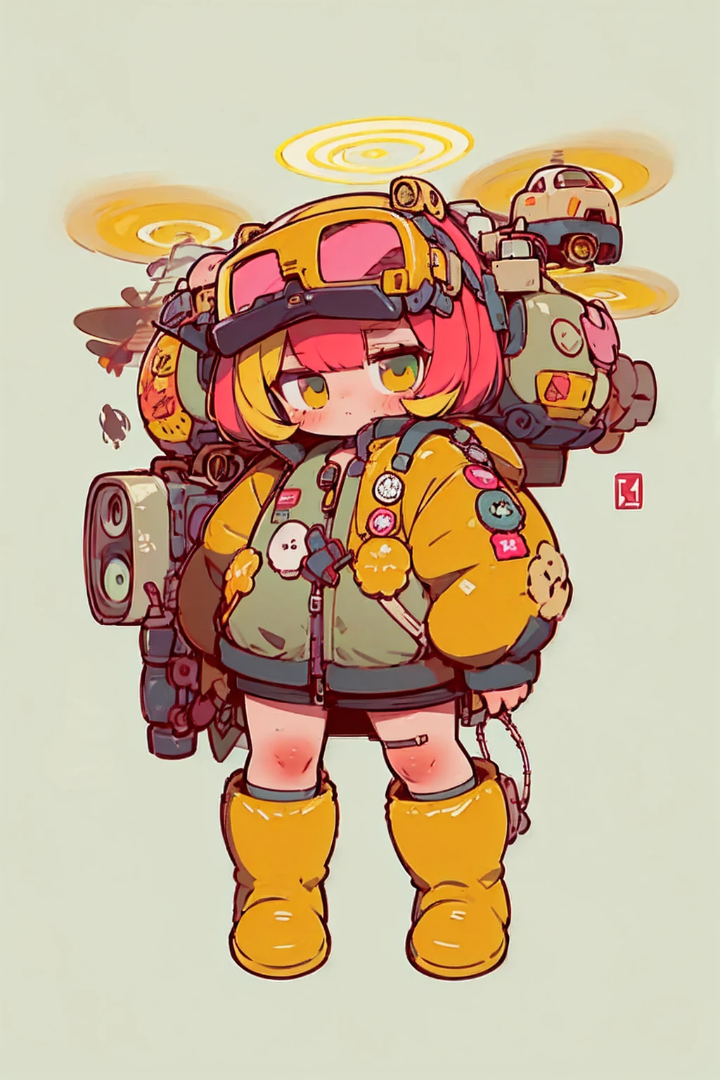     full body portrait  , (   super detailed  ,   Super high resolution ,    detailed background ),((2D)),((   flat color)),((achromatic   )),   one girl ,,    viewers,    loose red flight suit   ,   Wear a large sheepskin bomber jacket, (  big yellow boots   ),  Plush color   ,     full body portrait  ,  Wear VR goggles , ((   Baron Desert Intracat background   )), ((Doomsday City)),   Expressing the whole body , ((   drone next to her   )),  Pop Art Style ,  exoskeleton like a turtle, plastican00d