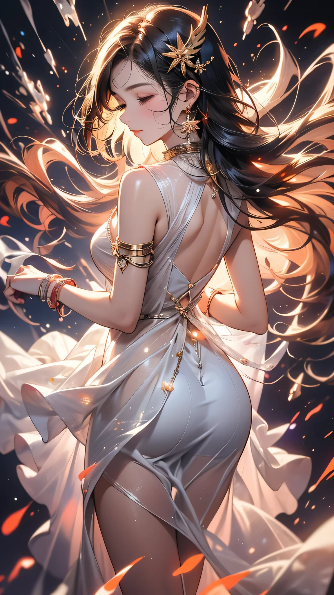 Very delicate, Clear focus, (High resolution), Distorted depth of field blurred background, Detailed Background, The perfect layered cut, Atmospheric sense of distance, artistic, (Full Body Shot/Cowboy Shooting/Rear View/Top View/Top View), 8k, wallpaper, Microlight, complicated, Familiar, black magician, particle, constellation, Stardust, universe, ((flower)), Pleasant Peace, peaceful, Japan, Himiko, kimono, With crystal, Fortune telling, Time and space,