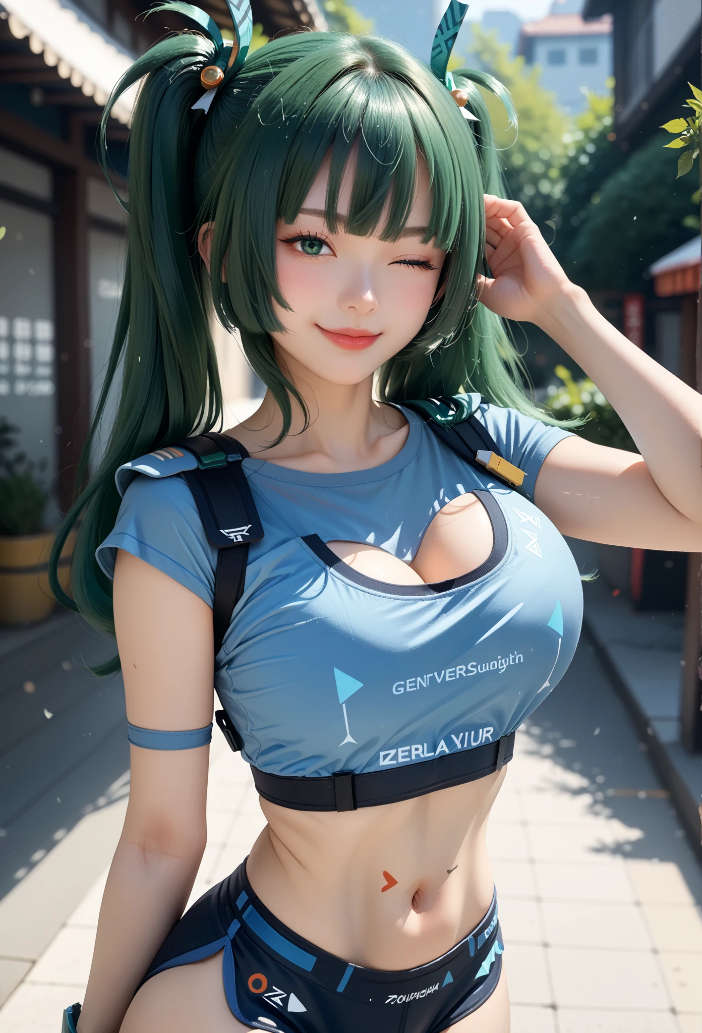 score_9_up,score_8_up,score_7_up,ZZZ_QY,1girl,solo,
green eyes, big breasts, sexy smile, sexy pose, winking at the viewer, finger on the cheek, blinking,  best quality, green hair, twintails, long hair, navel, close-up, blue midriff, full body, best_quality, 8k.