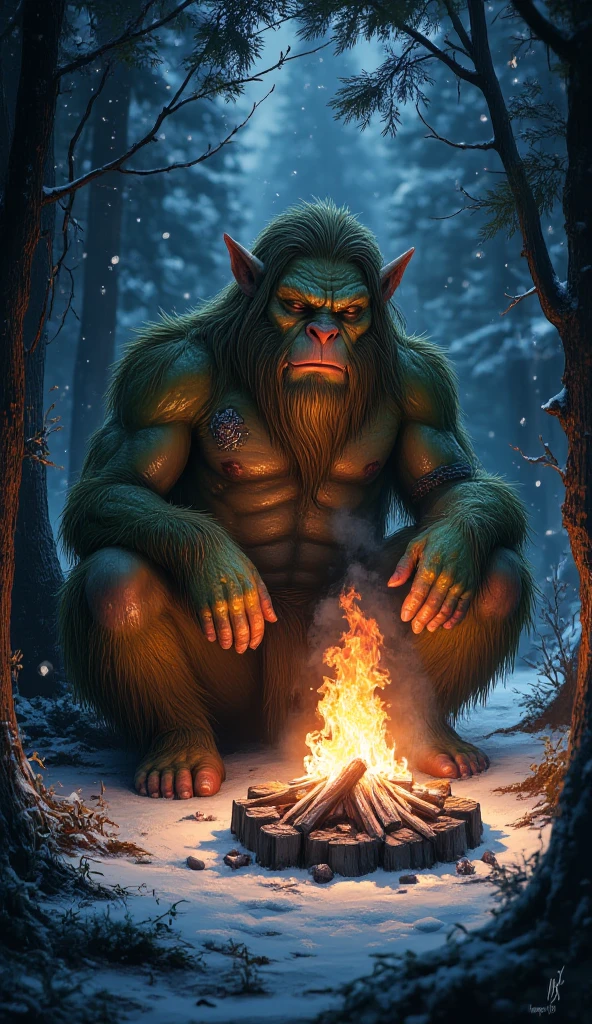 a wrinkled green ogre, old man who lives in a cave 
