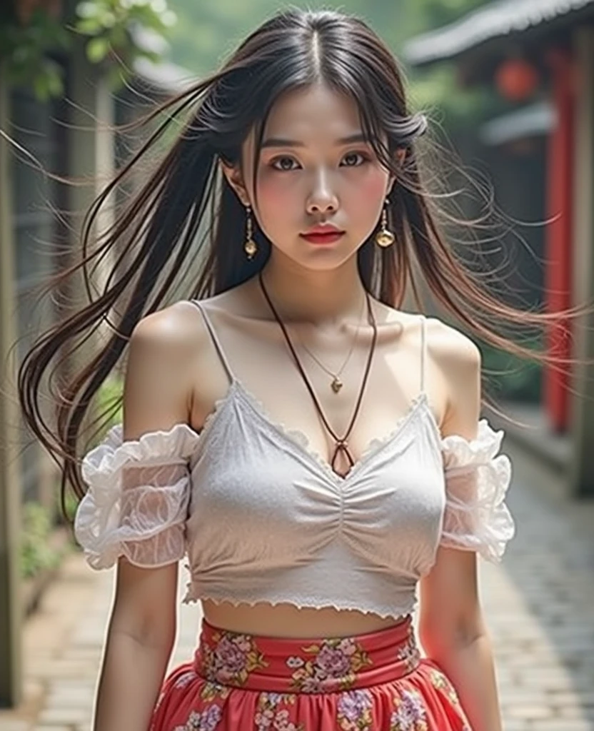 realist, photorealistic, 16K HD, masterpiece: 1.5, focus: 1.8, Asian woman Allard with crop top, long skinny jeans and sheer short sleeves, bottom: 1.5 (foot of the mountain, by the current, have a date), cute schoolgirl with delgado and perfect figure, ( Elegant High Ponytail Hairstyle: 1.5), A  Japanese girl wearing long skinny jeans, wearing scratched tight long jeans (low waist crop top, micro-campanado, long pants: 1.5), (scratched : 0.6), (Branded jeans: 1.5, Jeans texture and stripes with realistic details: 0.8, Jeans with realistic grainy details: 0.8), wearing elegant short sleeves, transparent and tight (Brand: 1.5, delgado, realistic perspective: 1.5, revealing breasts and areola: 1.5), Wear stiletto sandals (Crystal band sandals with delicate stiletto heels, high quality: 1.2), surreal schoolgirl, dressed as a schoolgirl, surreal schoolgirl, Realistic schoolgirl, walking, schoolgirl posing, Model pose, Session have a date, Disparo de Whole body ((Whole body: 1.8)), beautiful skin, shiny skin, delgado beautiful thighs, perfect thighs, perfect calves, white and tender toes, beautiful breasts: 1.5, beautiful breasts: 1.5, beautiful buttocks: 1.5, Best Quality, White skin, real skin, (detailed face), goose egg face, pores, super high resolution, (8k, raw photo, photorealistic:1.4), 1 girl, delgado, (smile, Teeth and tongue exposed: 1.2, looking at the viewer with a serene goddess gaze, happiness: 1.2), ( lipgloss, eyelashes, bright face, Best Quality, ultra high resolution, Ample lighting, natural shadows), Session, have a date, Disparo de Whole body: 1.8  