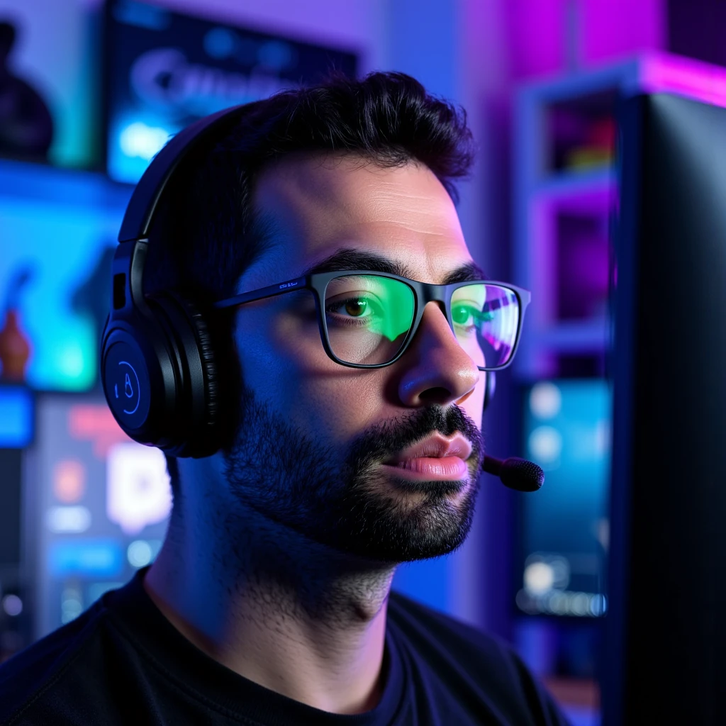 ((High-resolution gamer portrait:1.3)), **a handsome man with short hair and a well-groomed beard**, wearing sleek, modern **glasses** that reflect the glow of his computer screen. He is equipped with stylish **earphones**, blending comfort with high-tech design, and his expression shows deep focus and confidence as he streams live on Twitch.  

The composition captures a **side profile view**, highlighting the contours of his face and the intricate details of his beard and hair. The soft glow of his **dual monitors** illuminates his glasses and casts a cinematic light across his cheekbone and jawline.  

The background features a **cozy gamer room setup**, with RGB lighting in shades of **blue and purple**, a microphone arm positioned near his desk, and shelves adorned with gamer memorabilia and collectibles. The Twitch interface is faintly visible on one of the monitors, adding to the immersive streaming atmosphere. **(modern gamer aesthetic, Twitch streamer, cinematic lighting, photorealistic quality, detailed room background)**.  