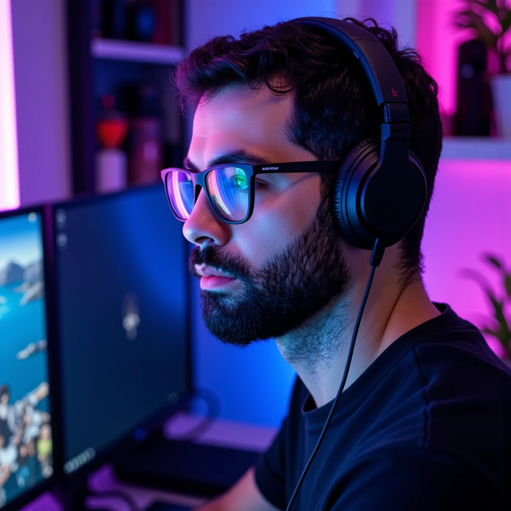 ((High-resolution gamer portrait:1.3)), **a handsome man with short hair and a well-groomed beard**, wearing sleek, modern **glasses** that reflect the glow of his computer screen. He is equipped with stylish **earphones**, blending comfort with high-tech design, and his expression shows deep focus and confidence as he streams live on Twitch.  

The composition captures a **side profile view**, highlighting the contours of his face and the intricate details of his beard and hair. The soft glow of his **dual monitors** illuminates his glasses and casts a cinematic light across his cheekbone and jawline.  

The background features a **cozy gamer room setup**, with RGB lighting in shades of **blue and purple**, a microphone arm positioned near his desk, and shelves adorned with gamer memorabilia and collectibles. The Twitch interface is faintly visible on one of the monitors, adding to the immersive streaming atmosphere. **(modern gamer aesthetic, Twitch streamer, cinematic lighting, photorealistic quality, detailed room background)**.  