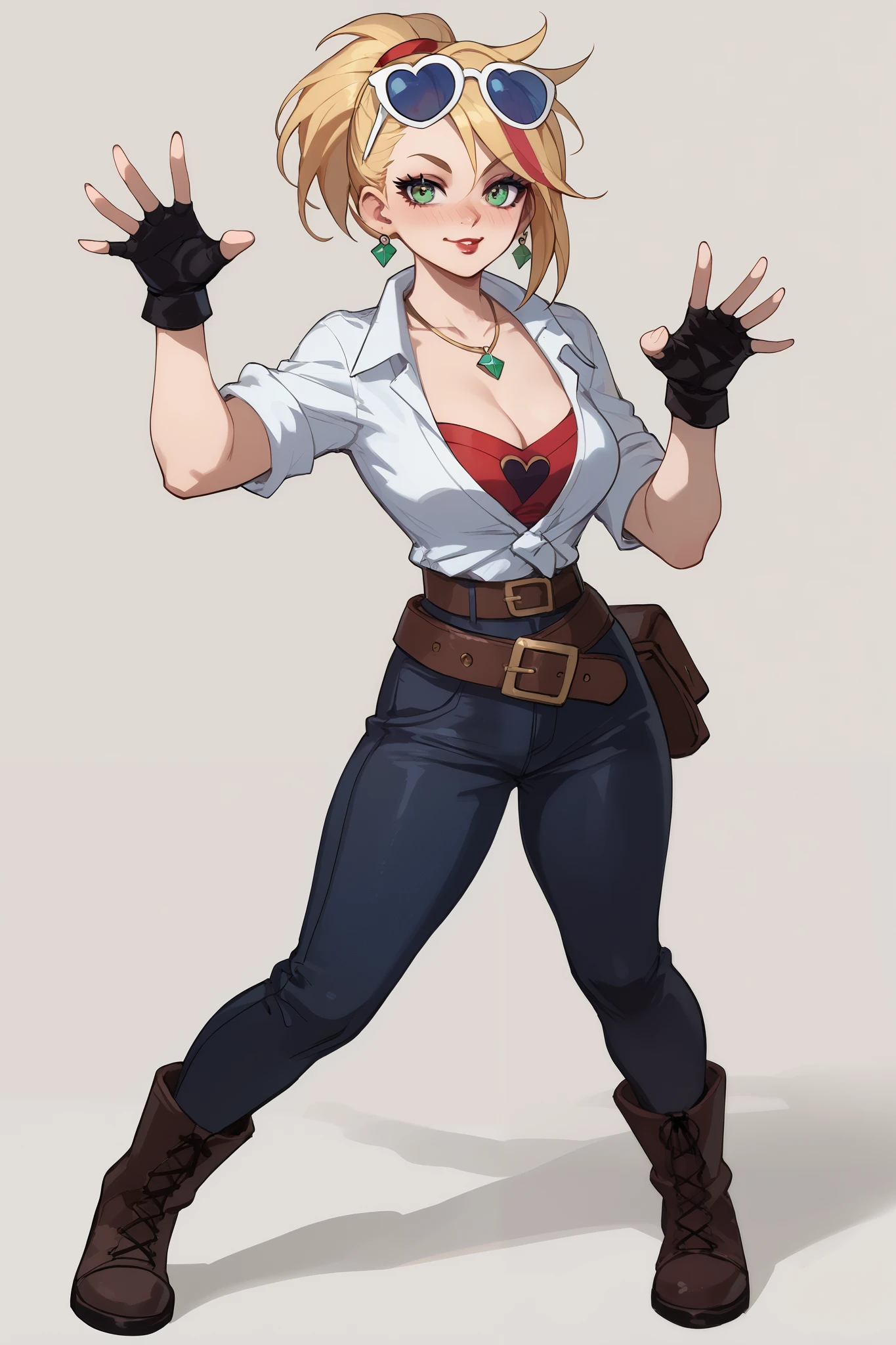 20 year old girl, ponytail blonde hair, lots of red stripes on hair, blue sunglasses on head, cute face, green eyes, long eyelashes, light blush, green earrings, prism necklace, black swin top, black swin bottom, fingerless gloves, very loose brown belt, steel toe boots, thin waist, standing, relaxed down arms, cute pose, red Lips, Makeup, Nose Blush, Full body overview, fullbody view