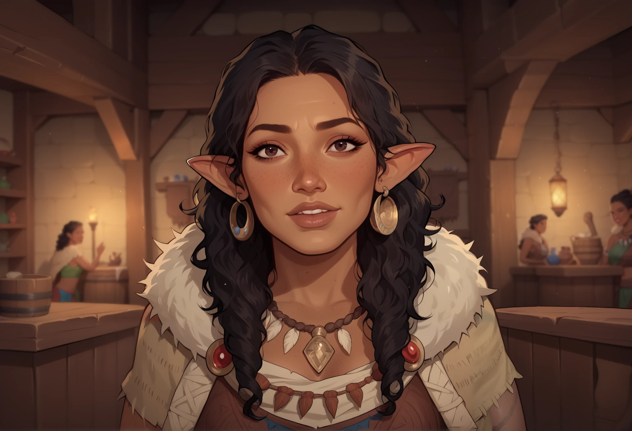 (((beautiful, high quality, comics style, detailed face))), score_9, score_8_up, score_7_up, BREAK, solo:1.4, pointed ears, mature woman, 55yo, wrinkles, milf, Latina appearance, long frizzy black hair, perfect dark eyes, (high cheek bones: 1.0), ((brown skin, tanned skin:1.3)), sexy body, freckles, small perky breasts, lanky, gangly, small medium cleavage, (black fur trimmed cape:1.2), chest, tribal clothes, chest band, necklace of teeth, holding a wooden staff, brown fur cape, female focus, portrait, upper body, portrait, looking at the viewer, bent over, vest, arm tattoos, fantasy tavern, blurred background, Expressiveh, detailxl