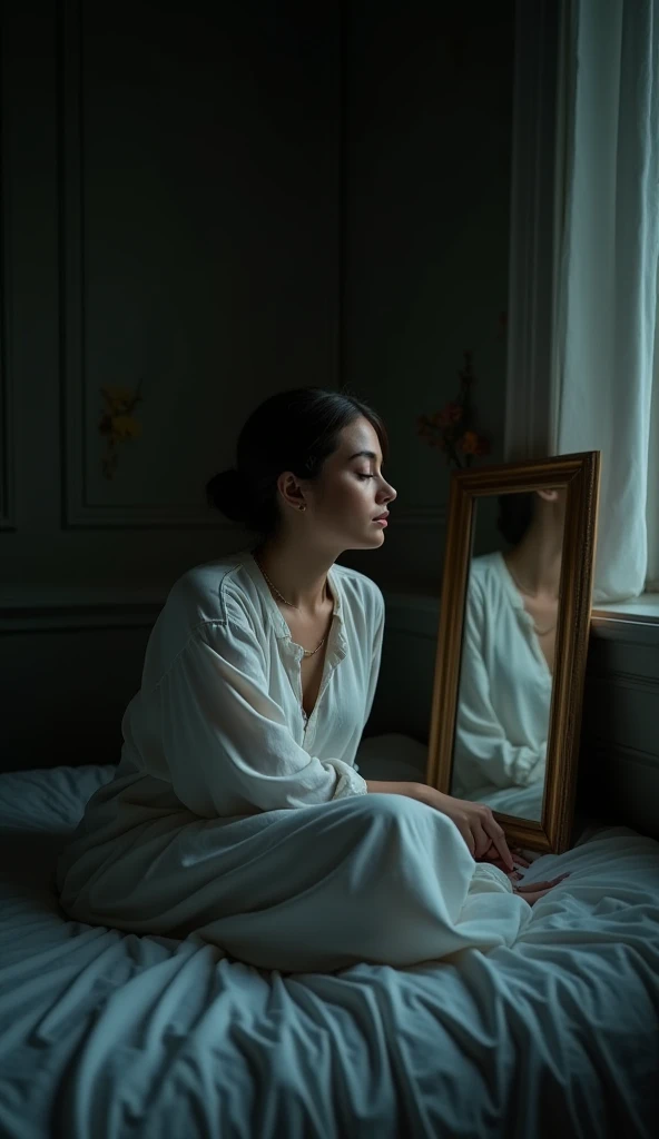 hidden behind the face bule background, window with sunlight, cozy room, relaxed pose, realistic, intricate details, warm colors, by Greg Rutkowski, by Alphonse Mucha