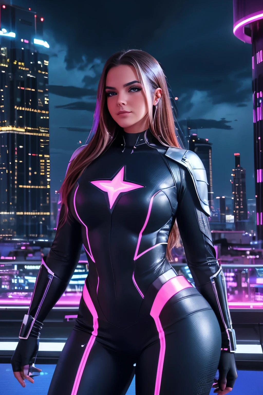 realistic,superhero m31m414 girl,curvy body,flat chest,slim waist,wide hips,thick legs,futuristic city,neon lights,stormy night sky,modern armor,elegant cutting-edge technology,glowing lines,skyscrapers,holographic billboards