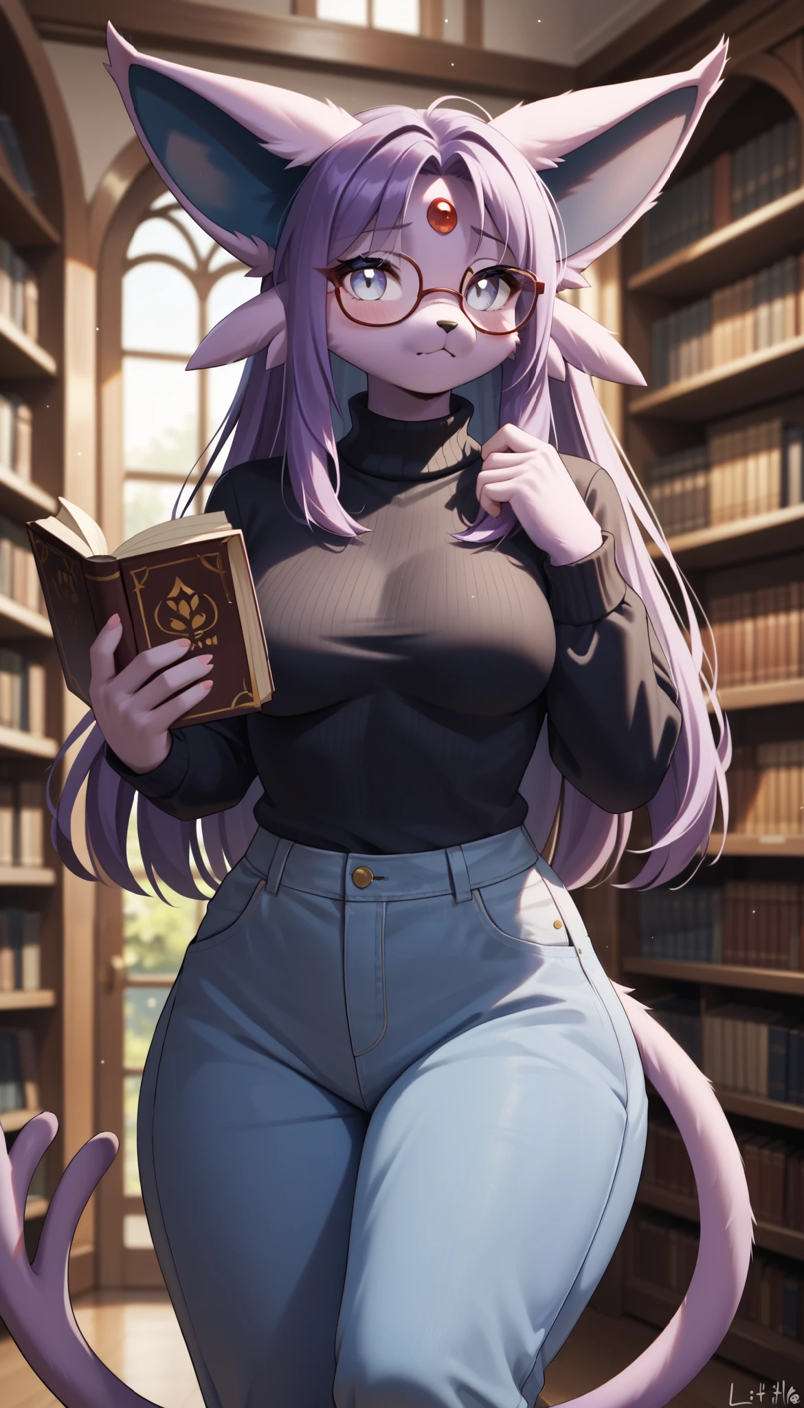 score_9, score_8_up, score_7_up, source_anime, source_furry, (beautiful, detailed background, digital artwork, digital art, well shaded artwork, depth, detailed artwork)1.2, 1girl, female, furry, anthro, Espeon, library setting, medium breasts, natural breasts, wide hips, thick thighs, purple hair, long hair, white eyes, shy, nervous, glasses, black turlte neck sweater, baggy pants, 19-year-old girl, holding books