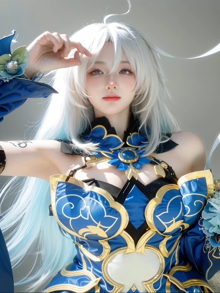 a close up of a woman in a cosplay outfit posing for a picture, anime cosplay, anime girl cosplay, ornate cosplay, cosplayer, cosplay, keqing from genshin impact, professional cosplay, cosplay photo, portrait knights of zodiac girl, anime goddess, zhongli from genshin impact, white haired deity, anime character, anime inspired, anime girl in real life