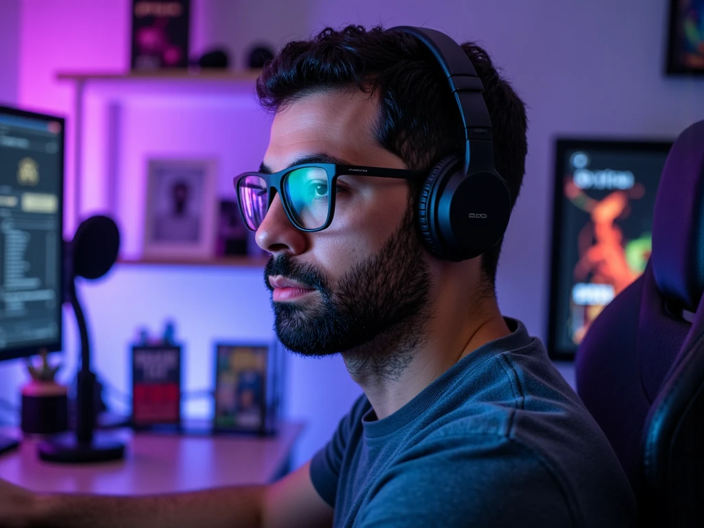 ((High-resolution gamer portrait:1.3)), **a handsome man with short hair and a well-groomed beard**, wearing sleek, modern **glasses** that reflect the glow of his computer screen. He is equipped with stylish **earphones**, blending comfort with high-tech design, and his expression shows deep focus and confidence as he streams live on Twitch.  

The composition captures a **side profile view**, highlighting the contours of his face and the intricate details of his beard and hair. The soft glow of his **dual monitors** illuminates his glasses and casts a cinematic light across his cheekbone and jawline.  

The background features a **cozy gamer room setup**, with RGB lighting in shades of **blue and purple**, a microphone arm positioned near his desk, and shelves adorned with gamer memorabilia and collectibles. The Twitch interface is faintly visible on one of the monitors, adding to the immersive streaming atmosphere. **(modern gamer aesthetic, Twitch streamer, cinematic lighting, photorealistic quality, detailed room background)**.  