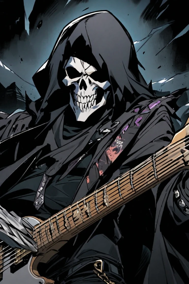 Grim reaper, anime, man, cyberpunk, playing guitar, rage