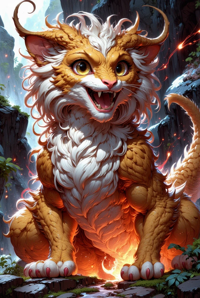 combines the characteristics of a cat and dragon. gaint, It has a connection with the three elements of earth, air and fire. fantasy setting, 8k, uhd, masterpiece, detailed. Golden fur with lava parts on head, neck and paws. Fluffy, long fur