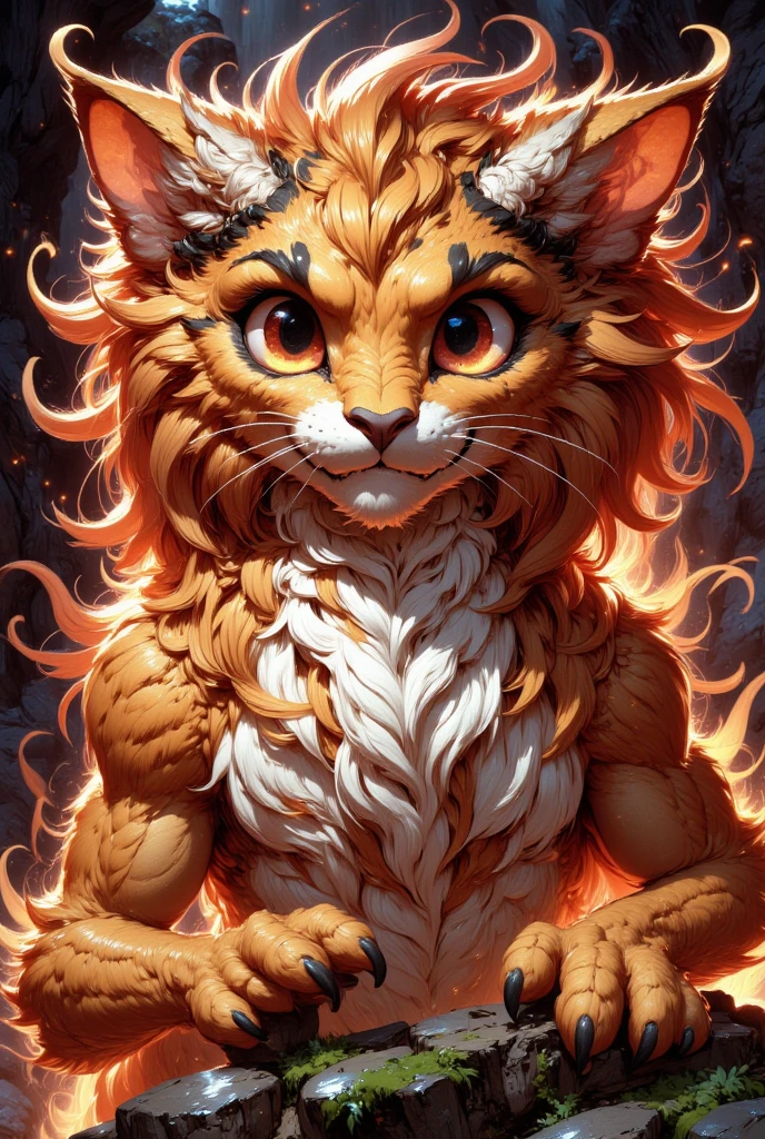 combines the characteristics of a cat and dragon. gaint, It has a connection with the three elements of earth, air and fire. fantasy setting, 8k, uhd, masterpiece, detailed. Golden fur with lava parts on head, neck and paws. Fluffy, long fur