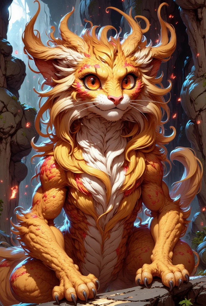 combines the characteristics of a cat and dragon. gaint, It has a connection with the three elements of earth, air and fire. fantasy setting, 8k, uhd, masterpiece, detailed. Golden fur with lava parts on head, neck and paws. Fluffy, long fur