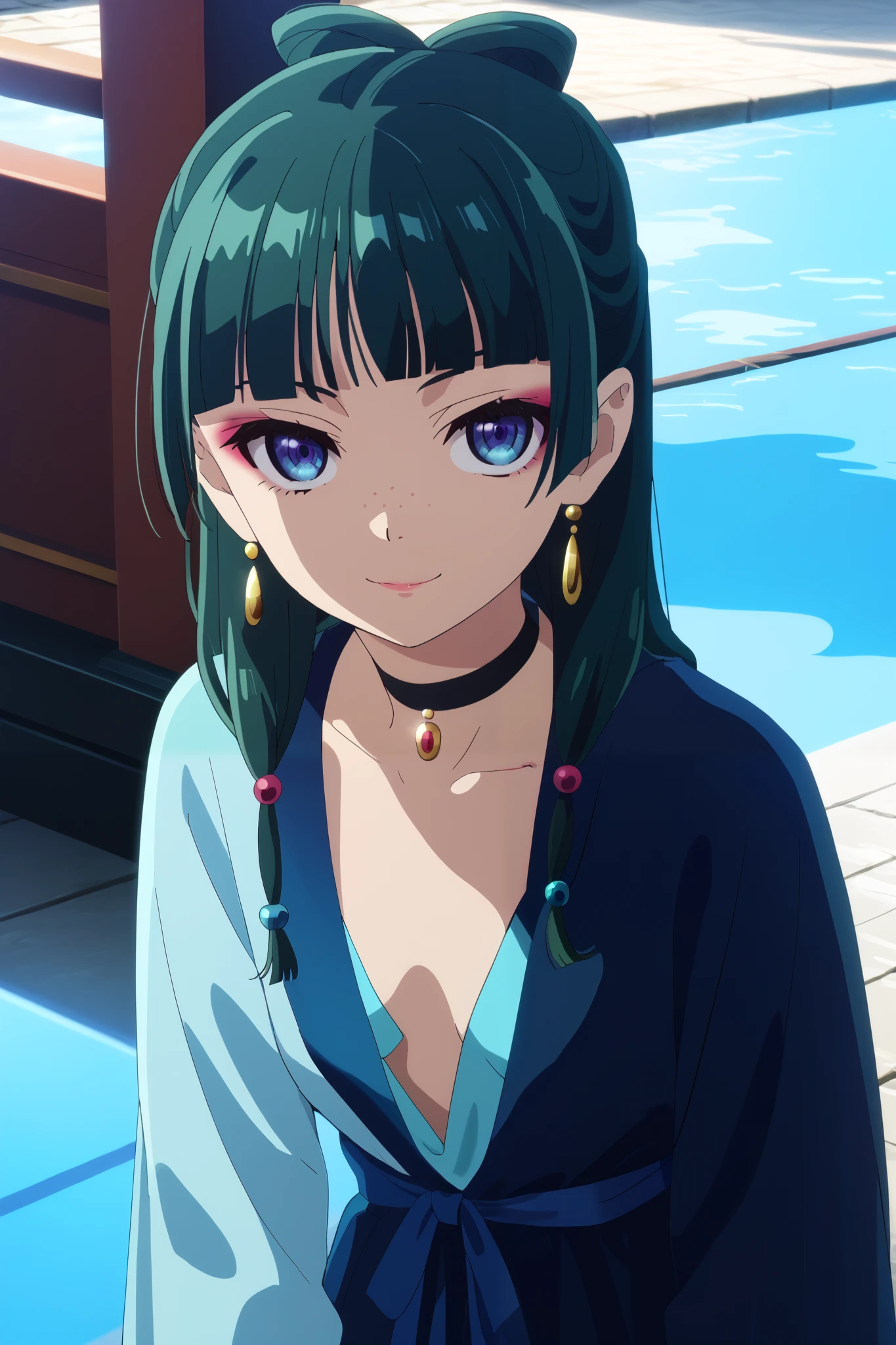 1girl, maomao, solo, green hair, long hair, blue eyes, BREAK blunt bangs, earrings, jewelry, freckles, straight hair, hair over shoulder, hair beads, makeup, pink eyeliner, low twintails,, small breasts, pale skinned, dynamic angle, takeda hiromitsu style, dark blue evening dress with plunging neckline, golden earrings, golden rings, black choker with shining rhinestones, sideboobs, looking at viewer, soft smile, lovly smile, ite