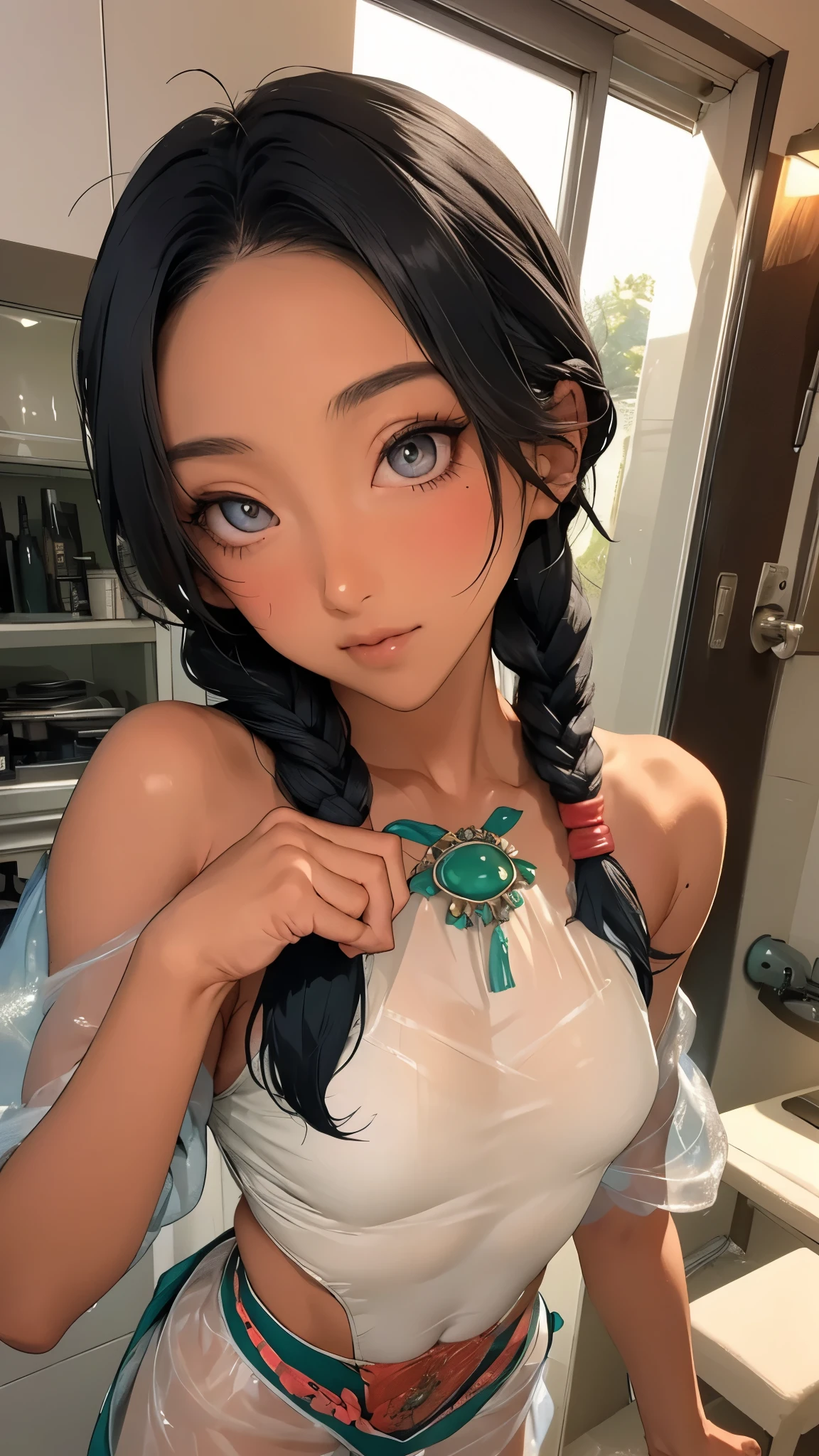 live-action、 real、(masterpiece, top quality :1.2), (( revealing clothes)),, upper body up, Alone, one girl、Green, attractive face , Dark Skin, dark skinned woman, Show Viewers , twin tails, braiding, farm work , Thin and supple muscles、 Athletic Body 、Arabian Costume, see-through, Microphone headband, adult appeal , Moderate bust, shorts, A lot of jewelry,wilderness