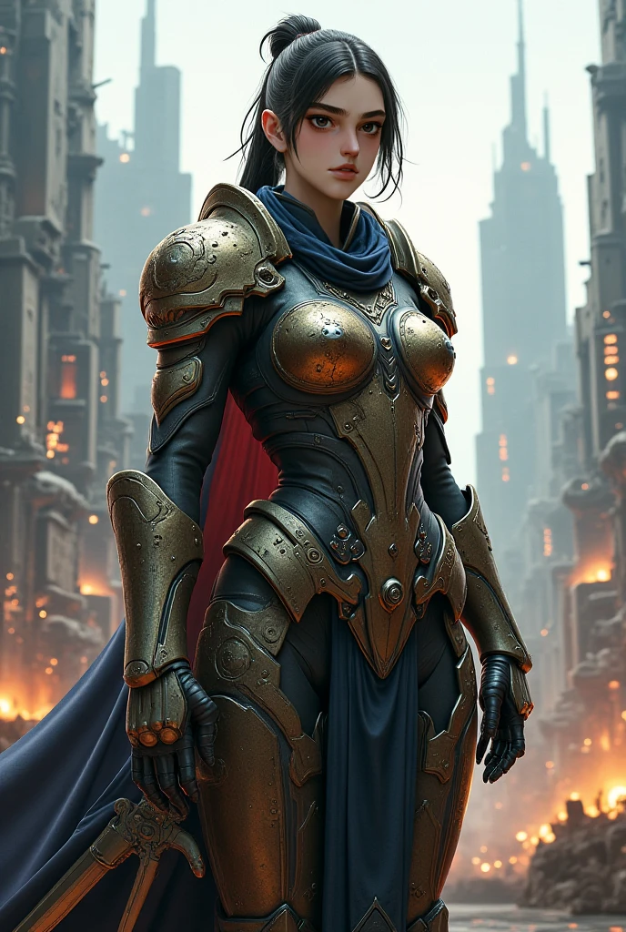 a beautiful woman, green eyes, short black hair, defined body, wearing detailed Victorian-era armor  (( super strong )), masterpiece, best quality, ultra-detailed, ground, destroyed city background, shadows, contrast, clear sky, analog style (look at viewer:1.2) (skin texture) (film grain:1.3), ultra-high resolution, octane render, 16k