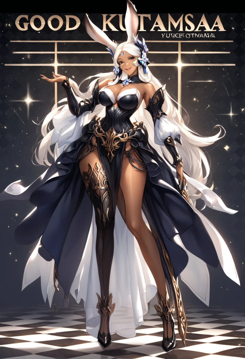Pirotess dark elf. 1solo girl Qun Qun Na Olganite dark skin elf succubus, white silver long hair, yellow eyes, white dress, black stockings, white high heels, jewelry necklace, fur coat, big belt heart shaped, portrait full body view from below, detached sleeves arms up showing shaved armpits