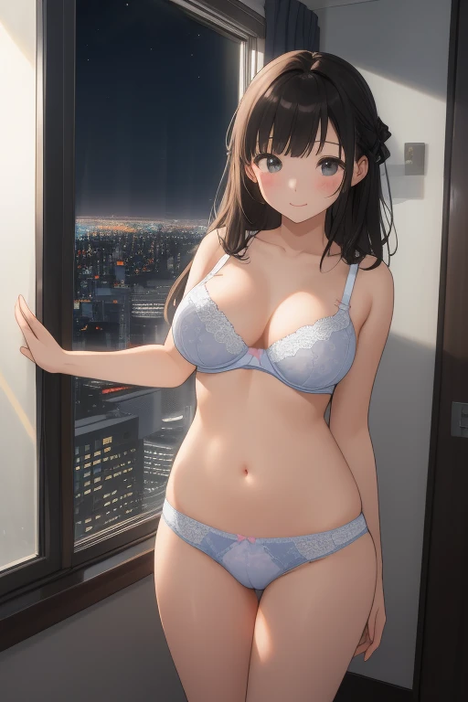 nsfw、Bra Removal、((She is standing in front of a large window in a high rise hotel、She is trying to take off her underwear、The room is quite dark but I can see her faintly.、The night view can be seen from the window、It&#39;s completely night outside))、(((彼女はbraフックに両手をかける)))、bra、unfasten、 (((Long black hair、Blue Eyes、A little chubby、Small Ass、Small Boobs、upper body)))、Highest quality、masterpiece、Ultra-high resolution、8k、Show anime style 、(looking down:1.3)