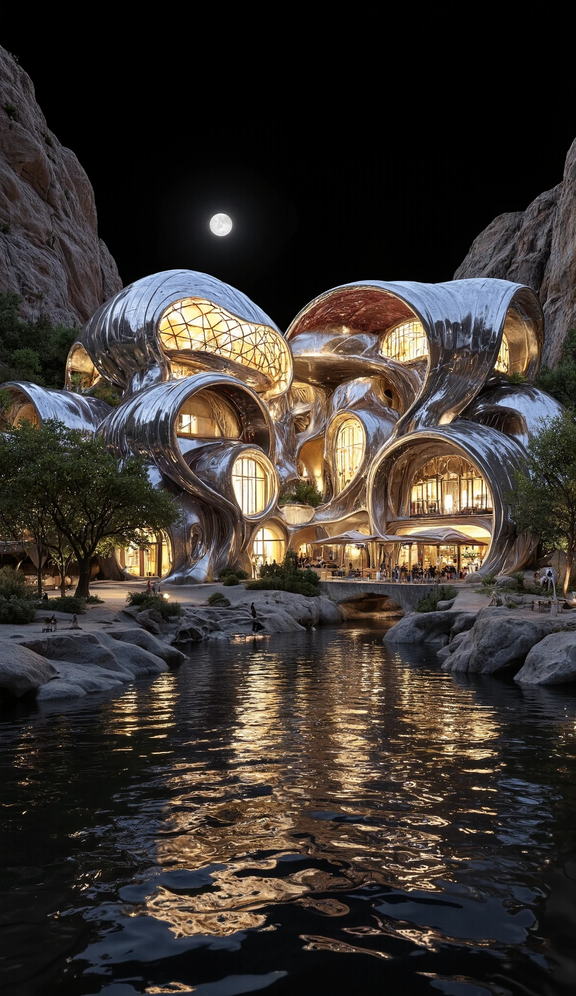 **An architectural rendering of an alien jellyfish-like building floating on water, with a black background and a moon in the sky. The building has a reflective surface, and its parametric architecture features soft lines and curves that create geometric patterns on its exterior walls. These patterns reflect light beautifully, creating stunning reflections in the metallic texture, providing a visually striking experience. The image is high-resolution, high-detail, and hyper-realistic, rendered, atmospheric rendering of an articulated citadel clad in biomaterial panels, containing woven biomaterials and 3d printed fiber extrusion with interconnections to exoskeleton structure, inspired by Anselm Kiefer, environmental installation, nordic landscape, panorama shot, Petra canyons style retail mall with open roof to the sky with maroon awnings. Wind formed rocks form retail units in a traditional Arab souk market style. With spices, Persian rugs hanging, restaurants with shisha. Botanical gardens on terraces. Bridges connecting both sides. Stone carving and wooded oriel windows. Oriental style. Mix of western and Arab dresses. Cinematic, photo realistic, HD wide angle