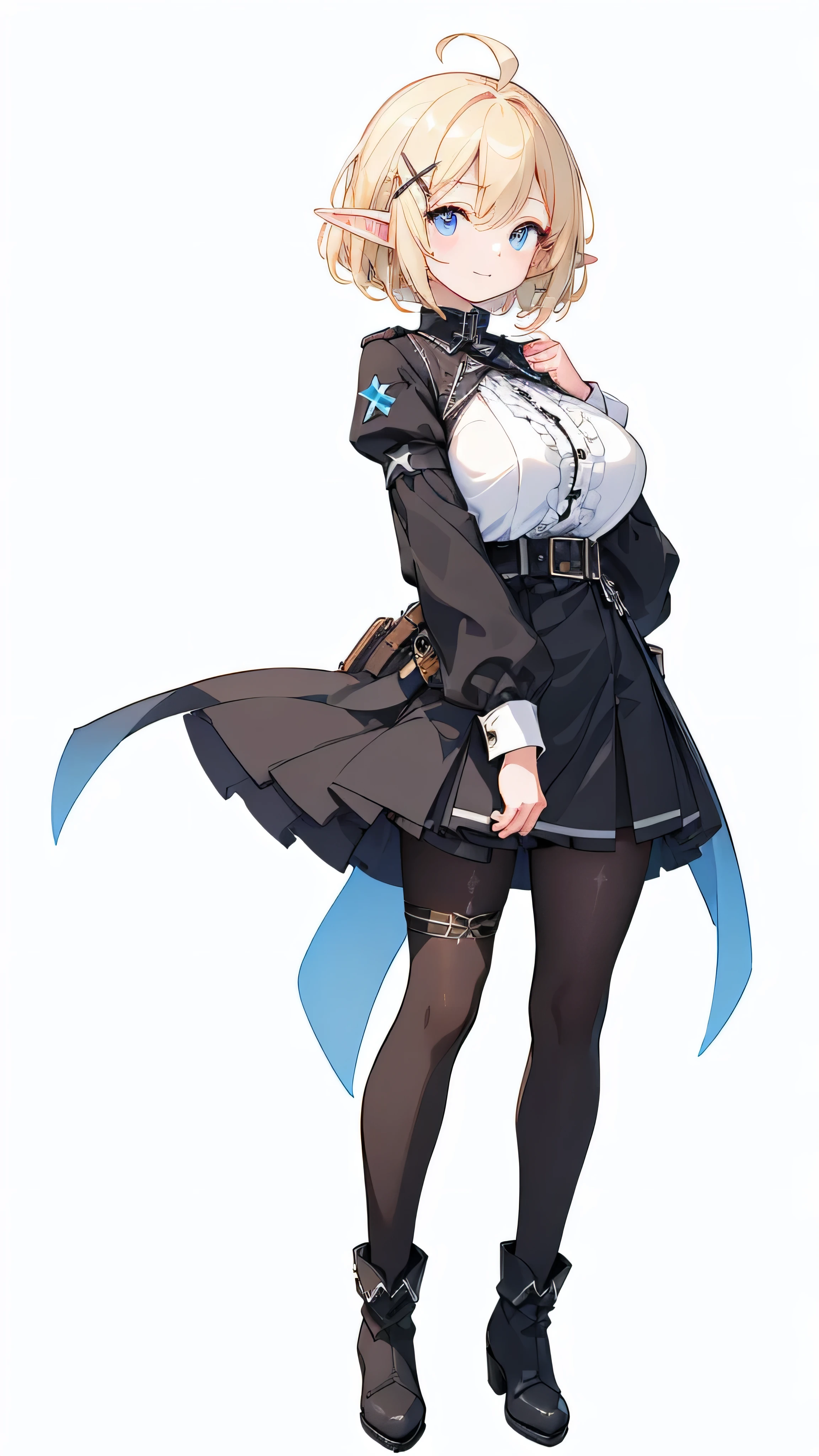 masterpiece,  top quality ,(( 1 elf woman, tall ,adult,Standing tall, standing straight , slender)),(((full body))),Droopy eyes, Dark Blue Eyes , (( blonde short hair)),Short ahoge,(((thick hair pin in the shape of an X on the bangs ))),(huge breast:1.1), black boots ,(( black tights, black skirt with ruffles,Black military uniform,Black long sleeves)),(((( no background ,Solid white background)))), thin eyebrows on boots, white skin,A cheerful smile, (( I don't have anything in my hands )),( composition from an oblique side),Gun belt on waist,