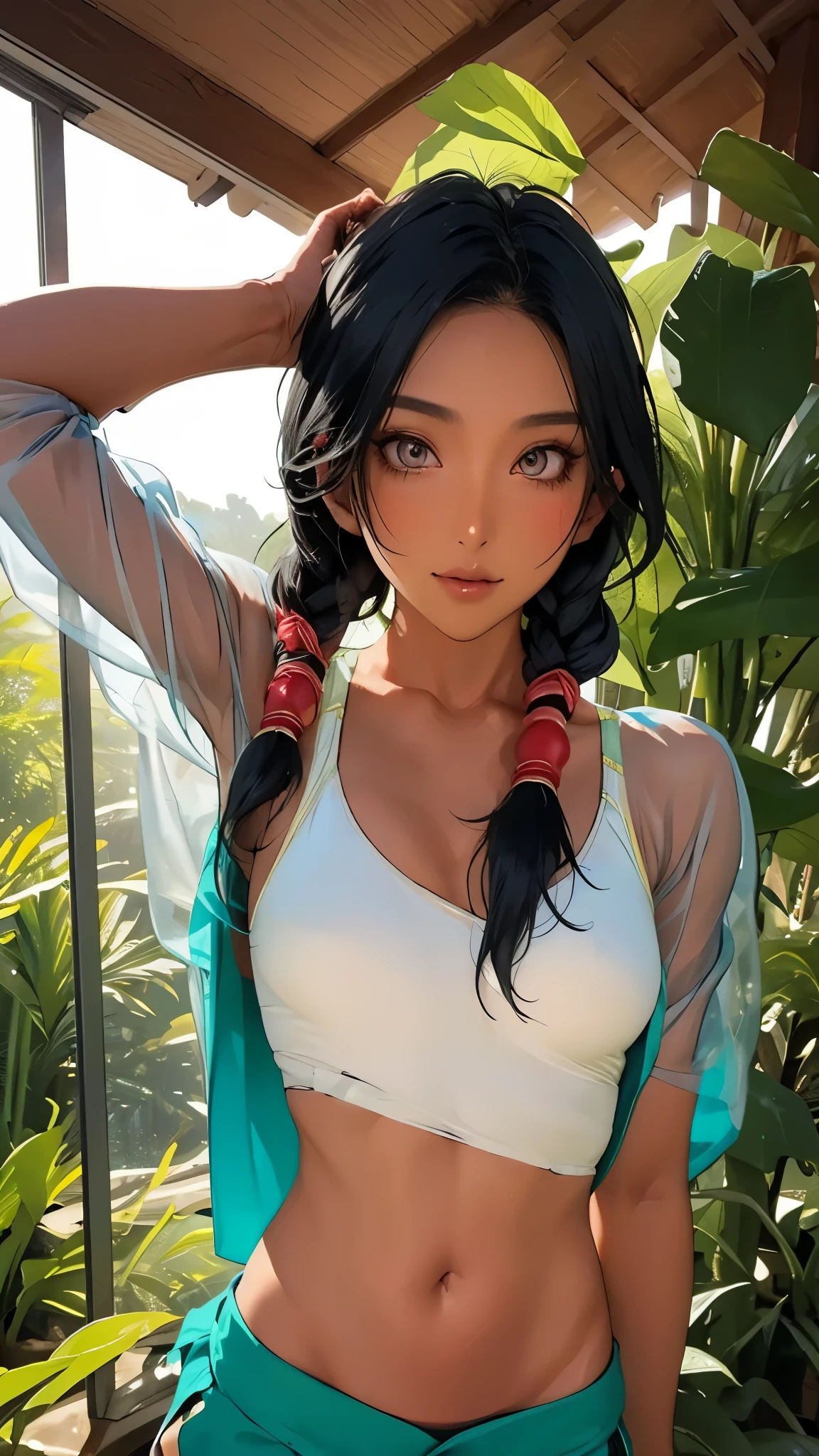 live-action、 real、(masterpiece, top quality :1.2), (( revealing clothes)),, upper body up, Alone, one girl、Green, attractive face , Dark Skin, dark skinned woman, Show Viewers , twin tails, braiding, farm work , Thin and supple muscles、 Athletic Body 、Arabian Costume, see-through, Microphone headband, adult appeal , Moderate bust, shorts, A lot of jewelry,Rainforest Botanic Gardens